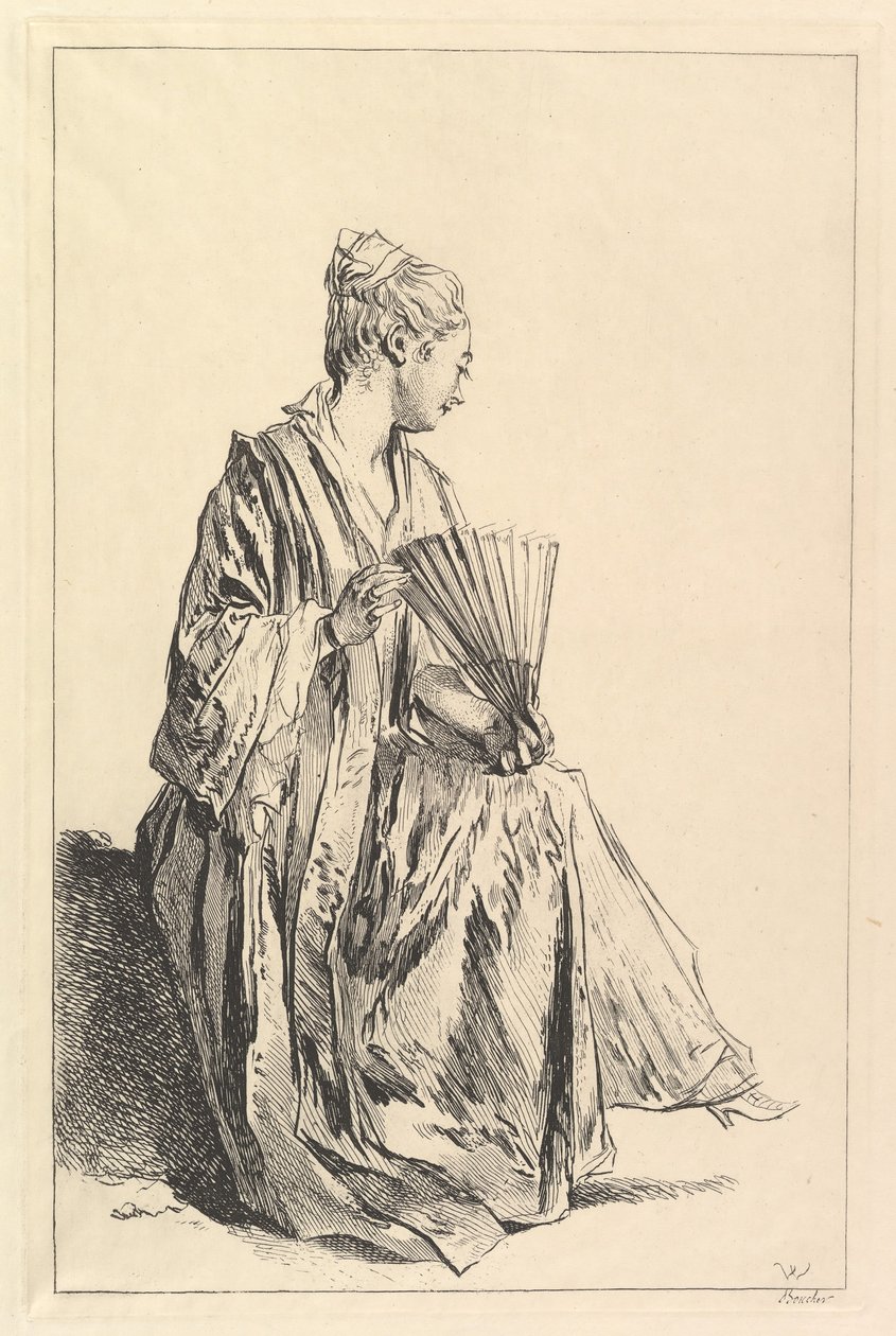 Sitzende Frau, Profil nach rechts, spielt mit dem Fächer, 1720-70 von François Boucher