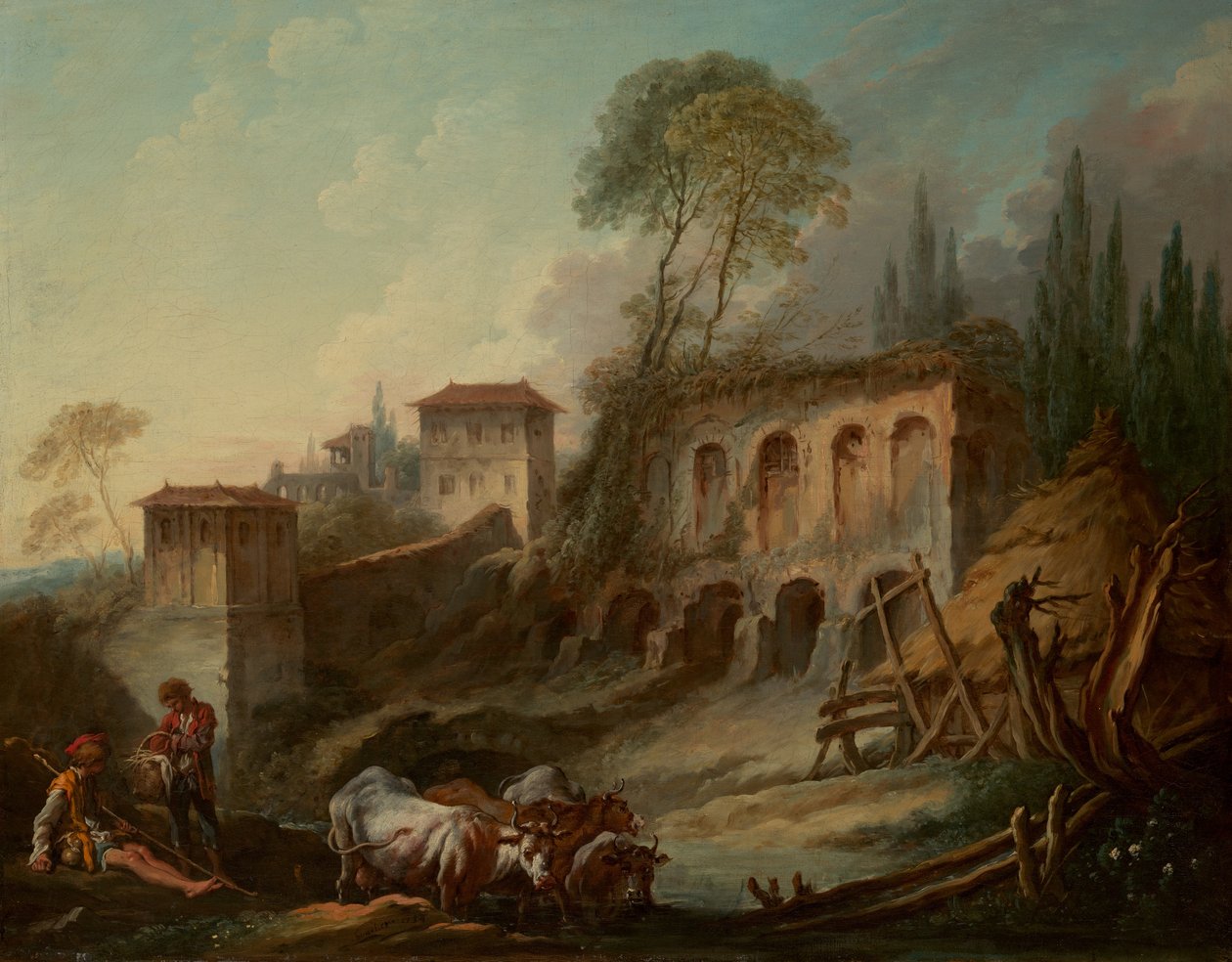 Imaginäre Landschaft mit dem Palatin-Hügel vom Campo Vaccino, 1734 von François Boucher