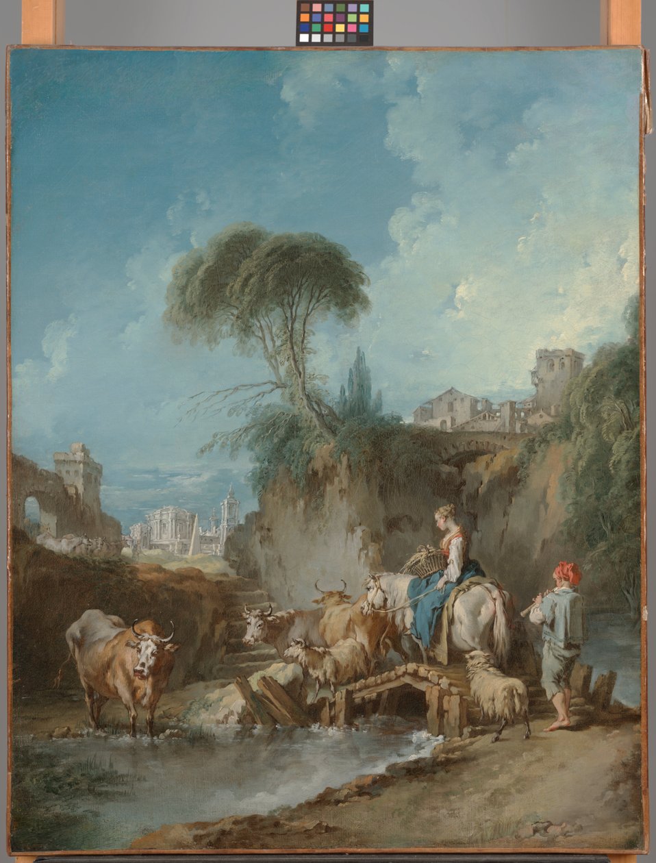 Landschaft mit fernen Gebäuden und einer Hirtin von François Boucher