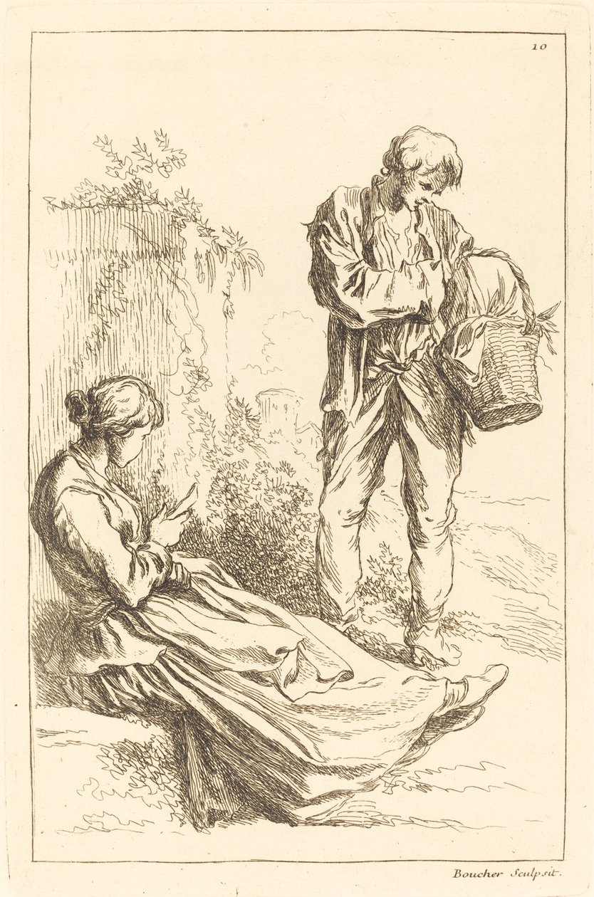 Sitzende Frau mit Bauernjungen, der einen Korb hält von François Boucher after Abraham Bloemaert