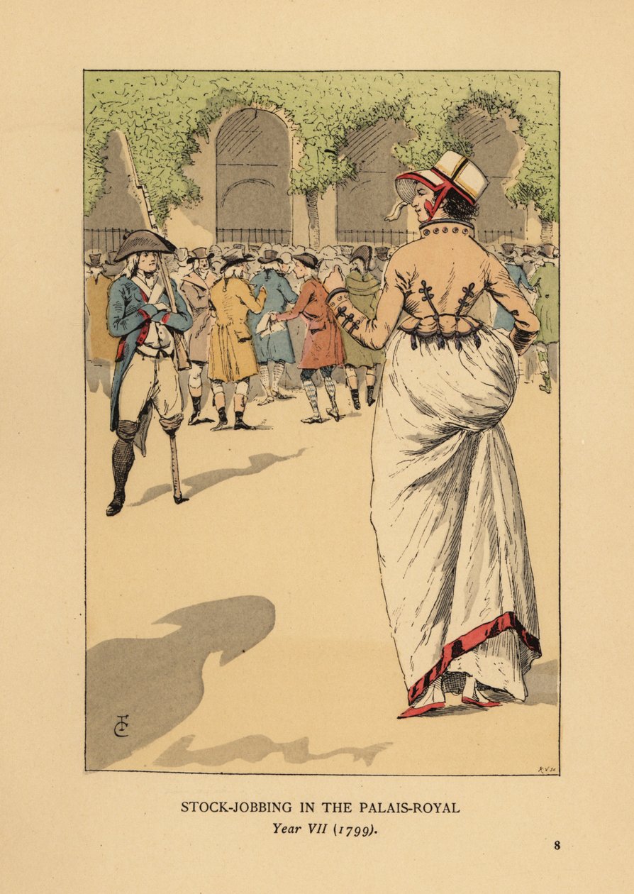 Modische Frau mit einer Gruppe von Spekulanten oder Agioteuren, Paris. Ein einbeiniger Revolutionssoldat steht Wache. Börsenspekulation im Palais Royal, Jahr VII von François Courboin