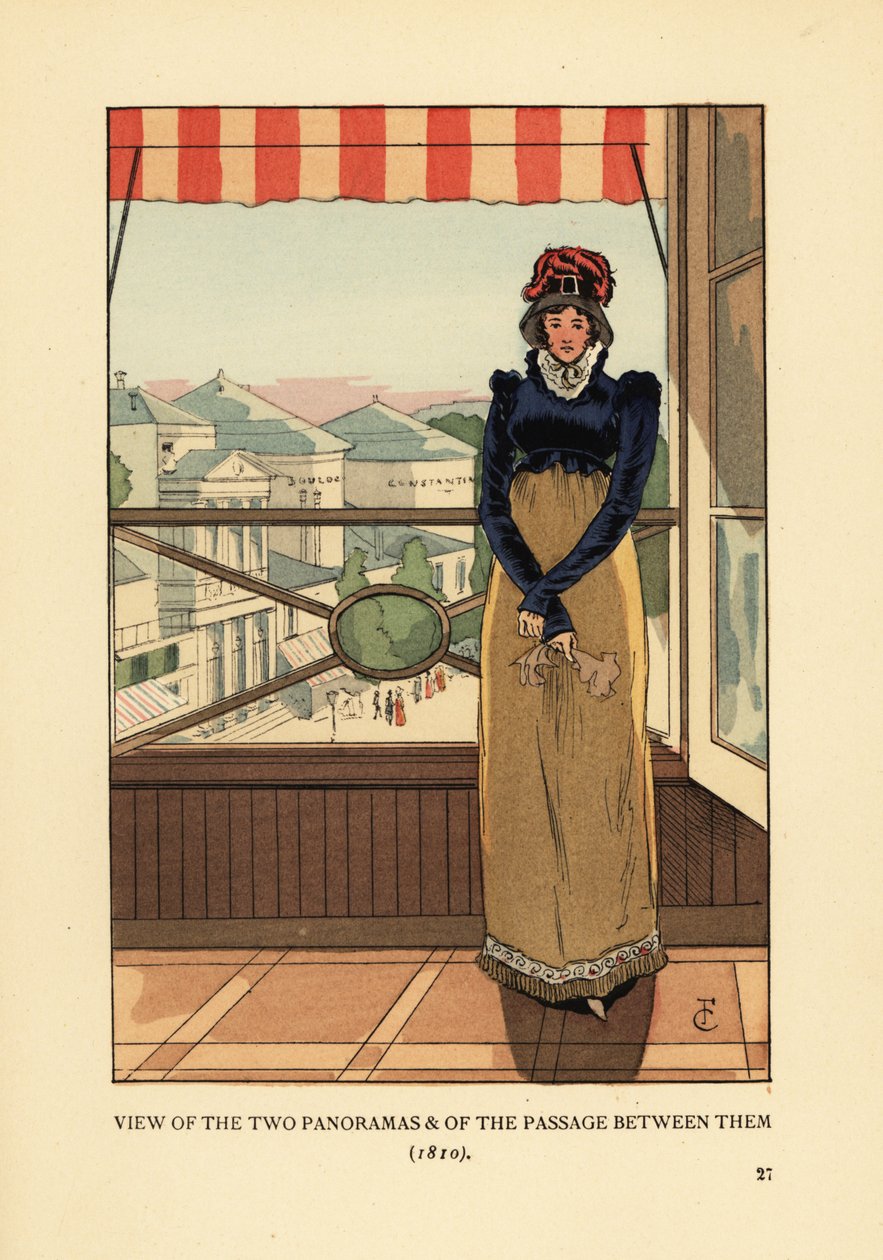Frau am Fenster mit Blick auf die Panoramen und den Passage des Panoramas, am Boulevard Montmartre, Paris von François Courboin