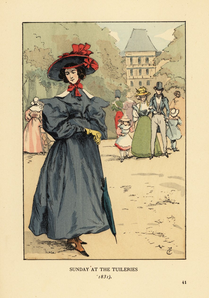 Frau promeniert in Sonntagskleidung im Park. Sie trägt einen breitkrempigen Hut, ein Kleid mit weiten Ärmeln, Stiefeletten und einen Sonnenschirm. Sonntag im Tuileriengarten von François Courboin