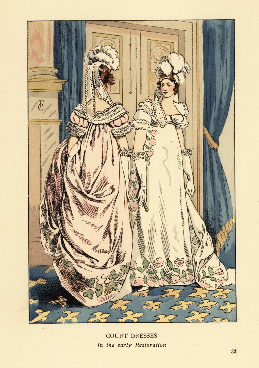 Frauen mit Federkopfschmuck und luxuriös bestickten Kleidern, Hof von König Ludwig XVIII., um 1817. Innenraum mit blauen Vorhängen und Teppich mit Fleur-de-Lys-Muster. Hofkleider in der frühen Restauration, Paris. Handkolorierte Lithographie von R.V. nach  von François Courboin