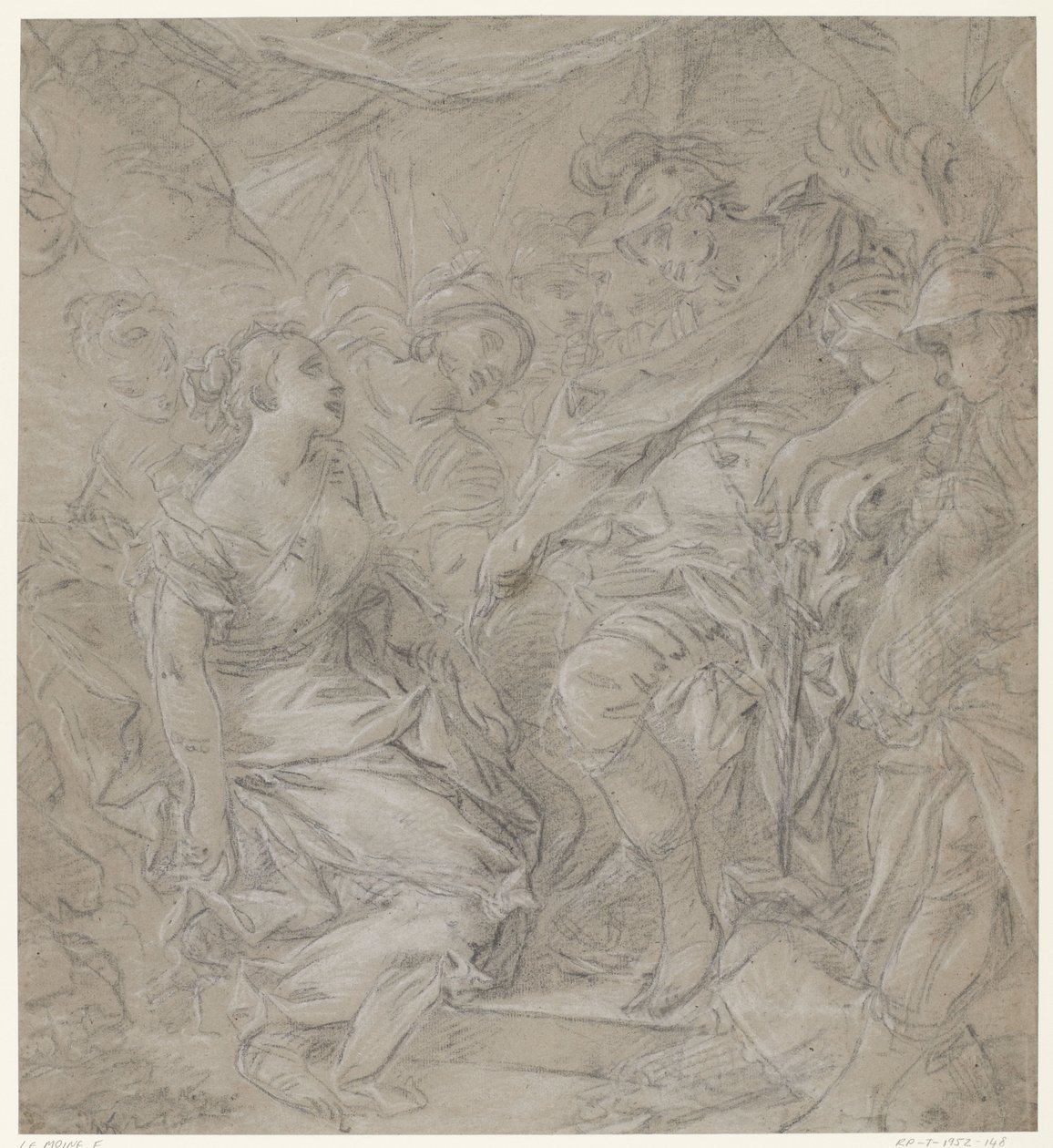 Junge Frau kniend vor einem Feldherrn in seinem Zelt (Scipio?) von François Le Moine (manner of)