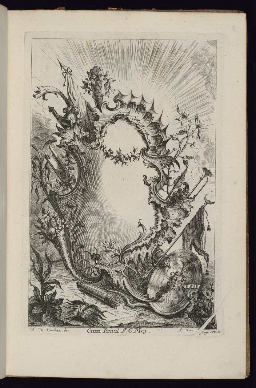 Kartusche mit Wappentrophäe, Livre de Cartouches à divers usages (Buch der Kartuschen für verschiedene Verwendungen) von François de Cuvilliés the Elder