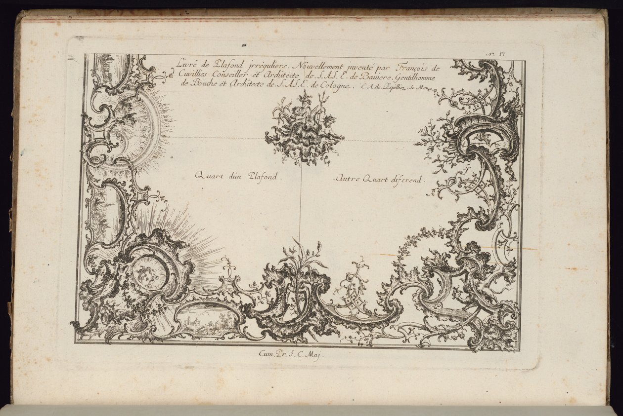 Zwei Viertel einer Decke, Nouveau Livre de Plafonds Irréguliers (Neues Buch der unregelmäßigen Decken) von François de Cuvilliés the Elder