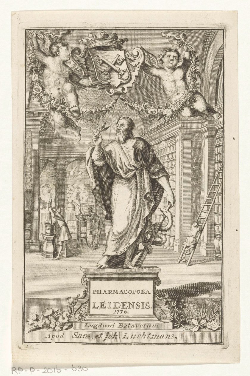 Asklepios, Titelblatt für: S.n., Pharmacopoea Leidensis, amplissimorum magistratuum auctoritate instaurata, 1770 von François van Bleyswijck
