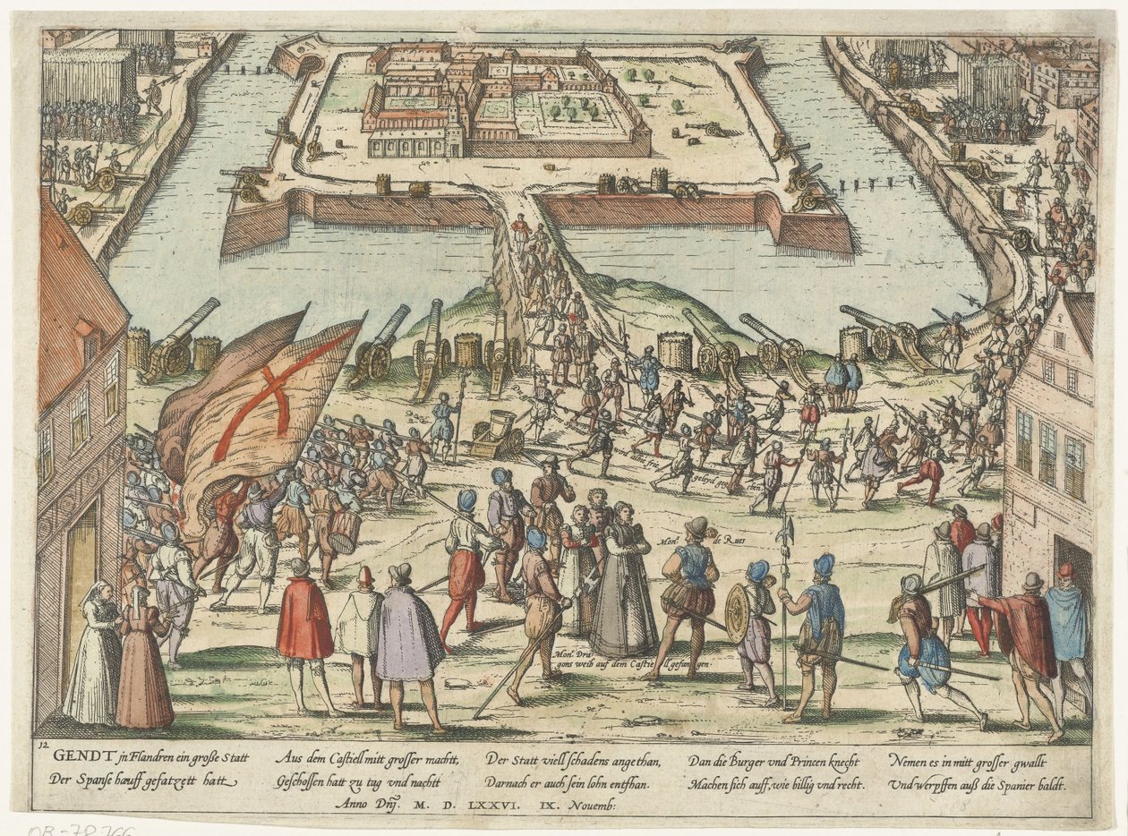 Rückzug der Spanier aus der Zitadelle von Gent nach einer Belagerung durch die Staaten-Armee am 9. November 1576, vorne Mondragon und seine Frau von Frans Hogenberg