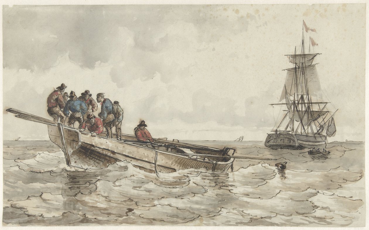 Acht Männer in einem Ruderboot bei einem Segelschiff von Frans Arnold Breuhaus de Groot
