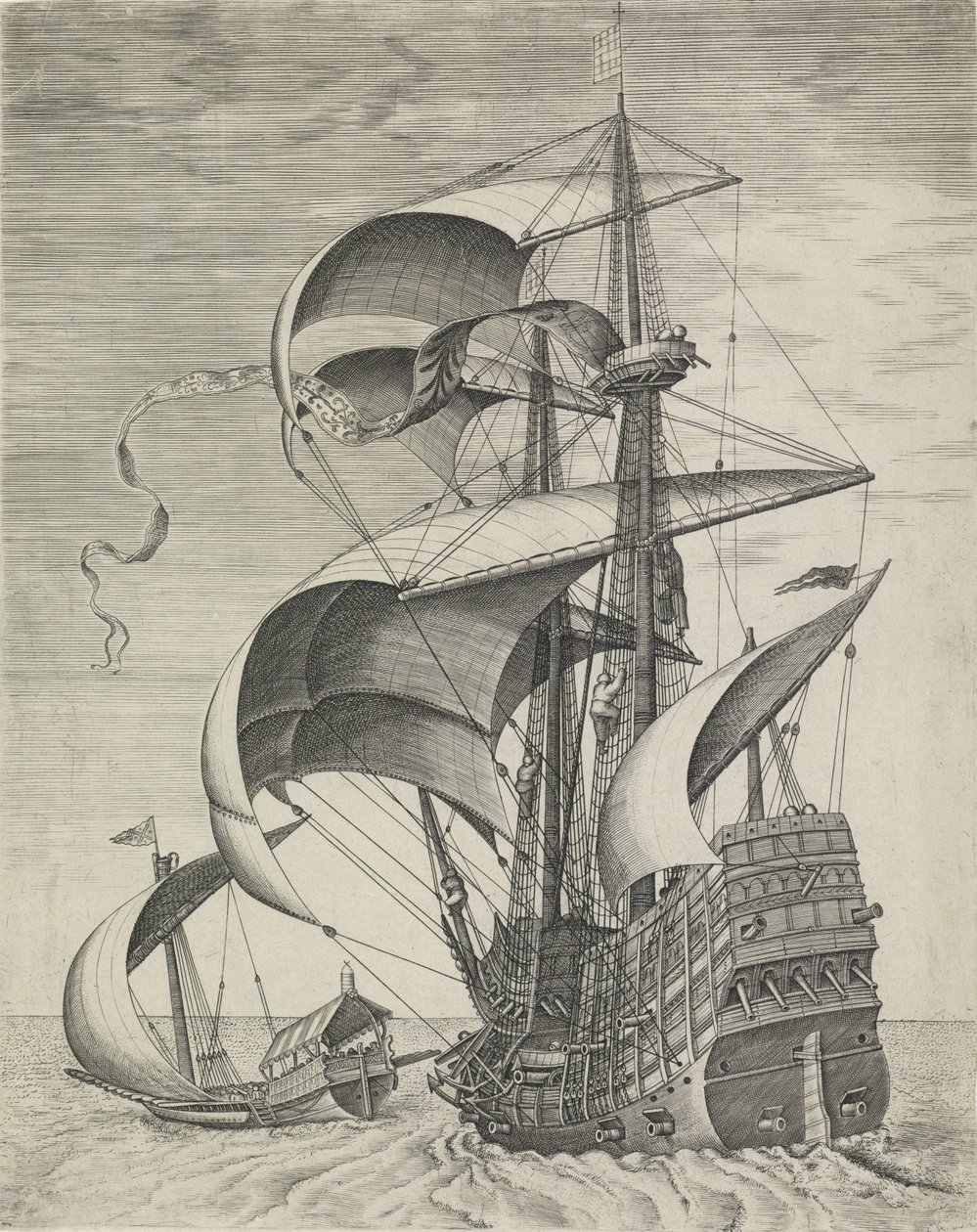 Ein Kriegsschiff begleitet von einer Galeere von Frans Huys