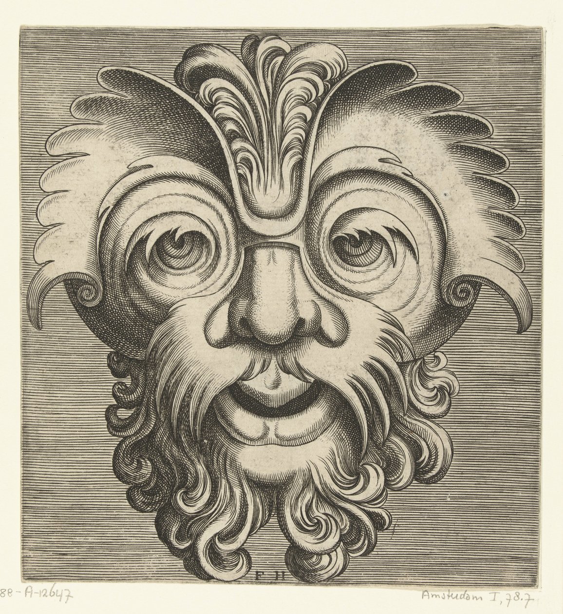 Maske mit Bart und Schnurrbart mit Locken, eine Locke ruht auf dem Nasenrücken von Frans Huys
