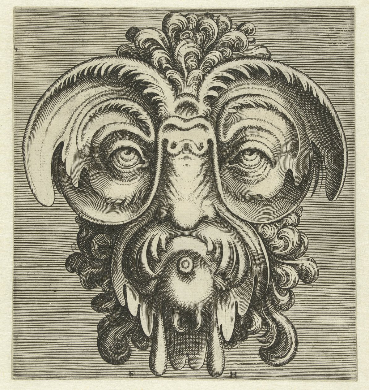Maske mit Tellern um die Augen und einem Büschel Locken auf dem Kopf
Pourtraicture ingenieuse de plusieurs facons de masques… (Serientitel) von Frans Huys