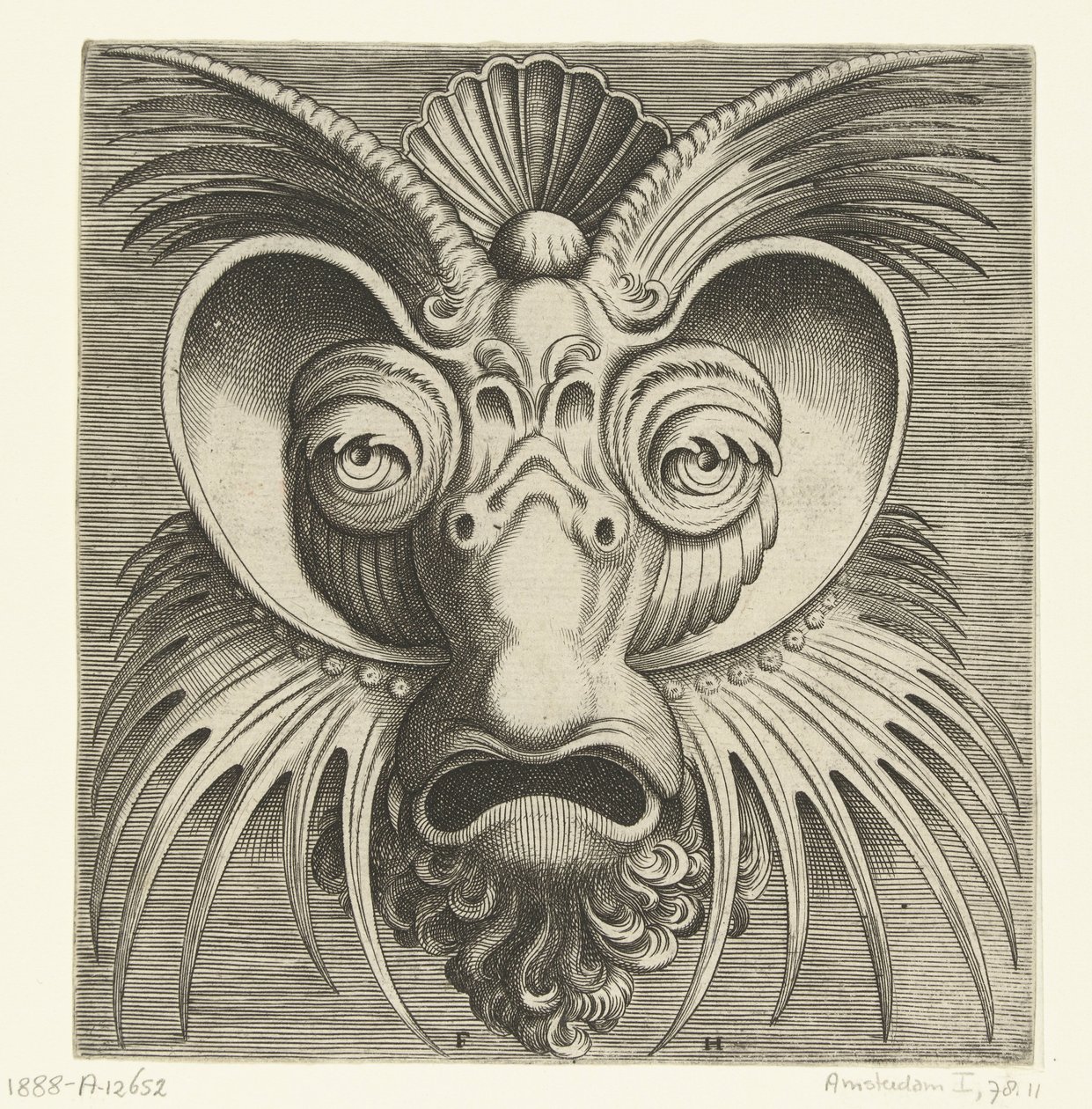 Maske mit Tellern um die Augen und spitzen Zacken auf Wangen und Stirn von Frans Huys