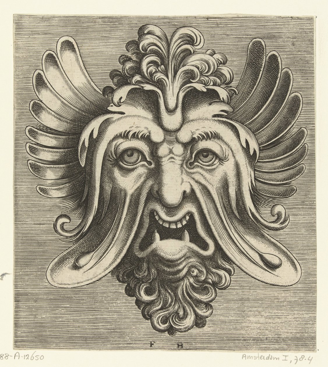 Maske mit hängenden Wangen, zwei spitzen Unterzähnen und einer Locke auf der Nasenwurzel von Frans Huys