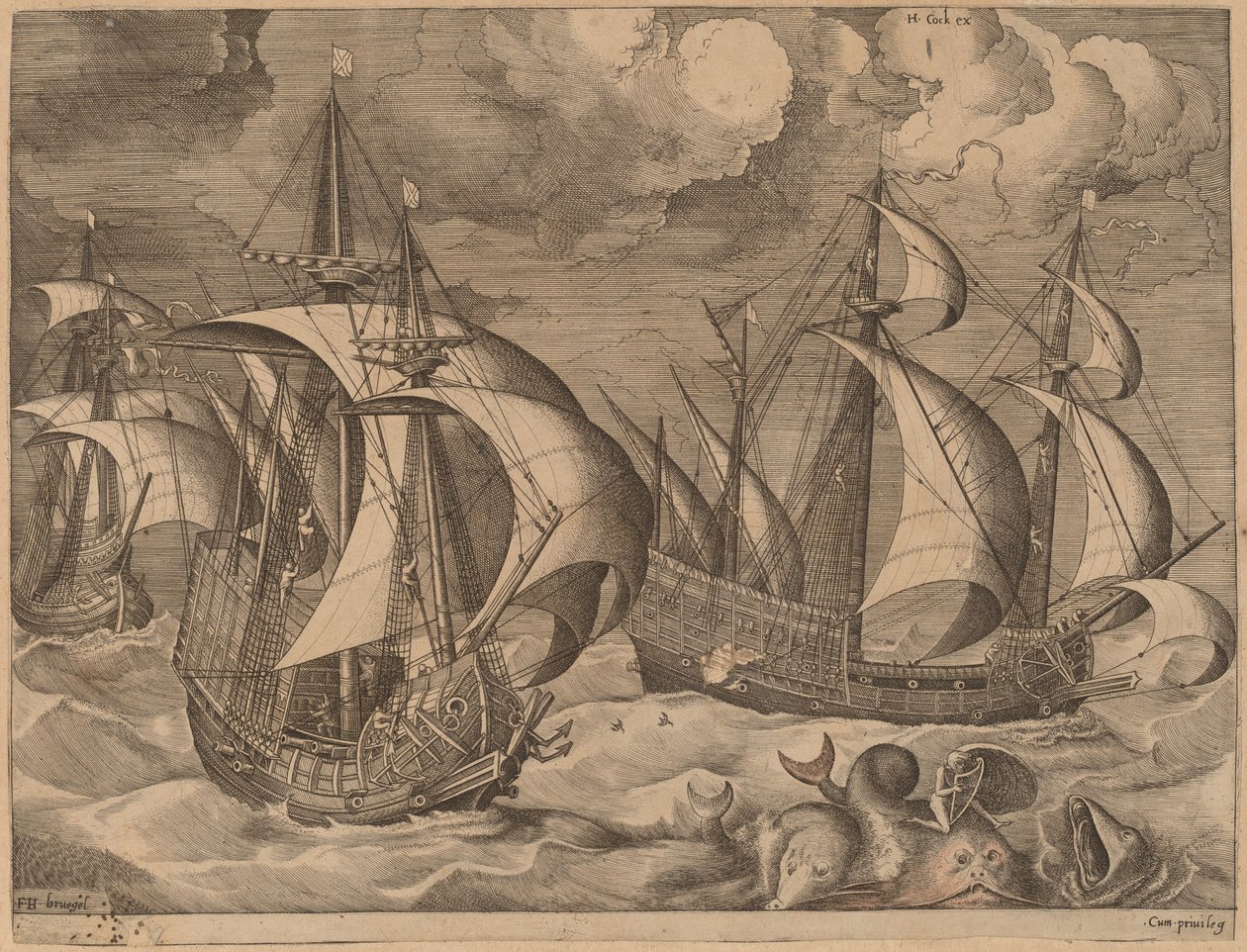 Drei Karavellen in einem aufkommenden Sturm mit Adrion auf einem Delphin von Frans Huys after Pieter Bruegel the Elder