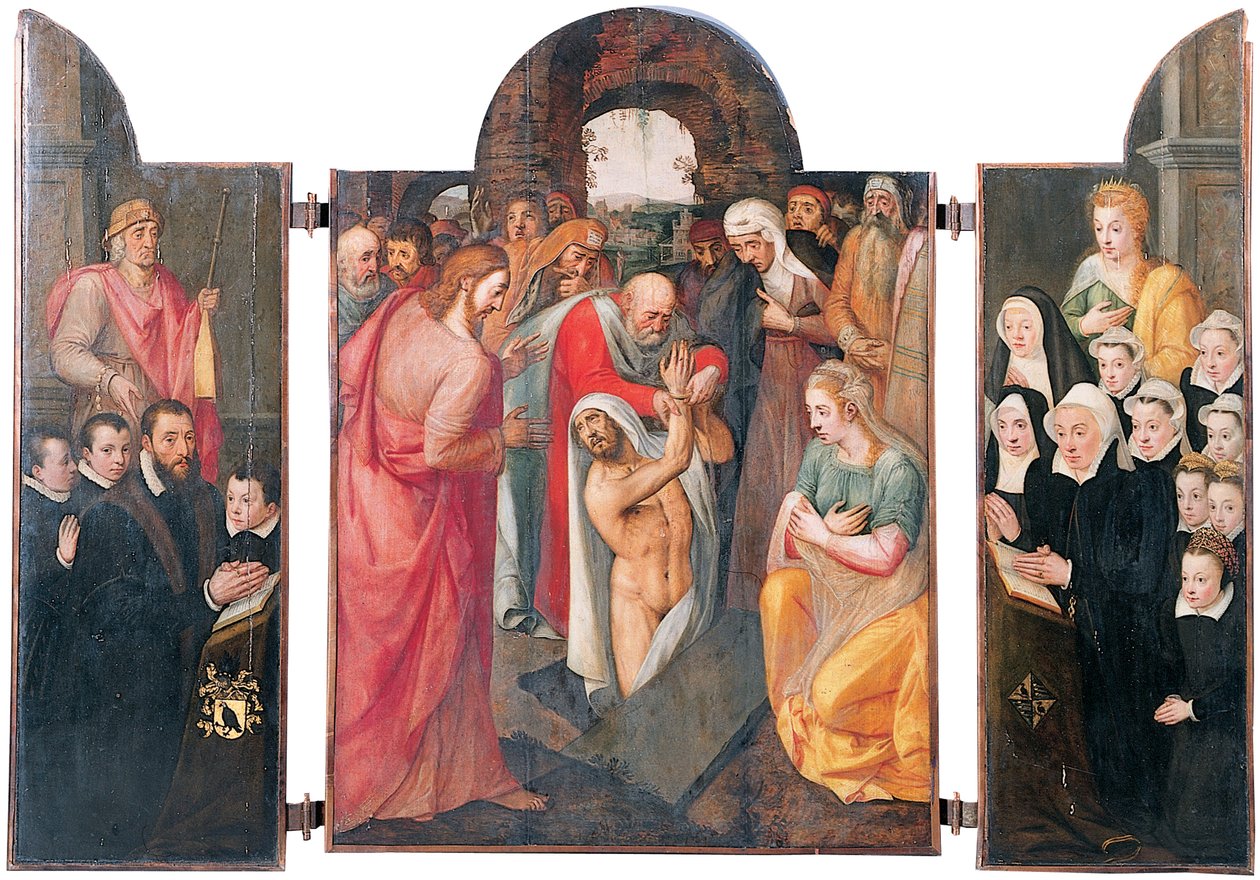 Triptychon: Die Auferweckung des Lazarus im zentralen Fach mit einem knienden männlichen Stifter, präsentiert von St. Jacob und seinen Söhnen auf dem linken Flügel, seine Frau kniend, präsentiert von St. Katharina und ihren Töchtern auf dem rechten Flügel von Frans I Pourbus