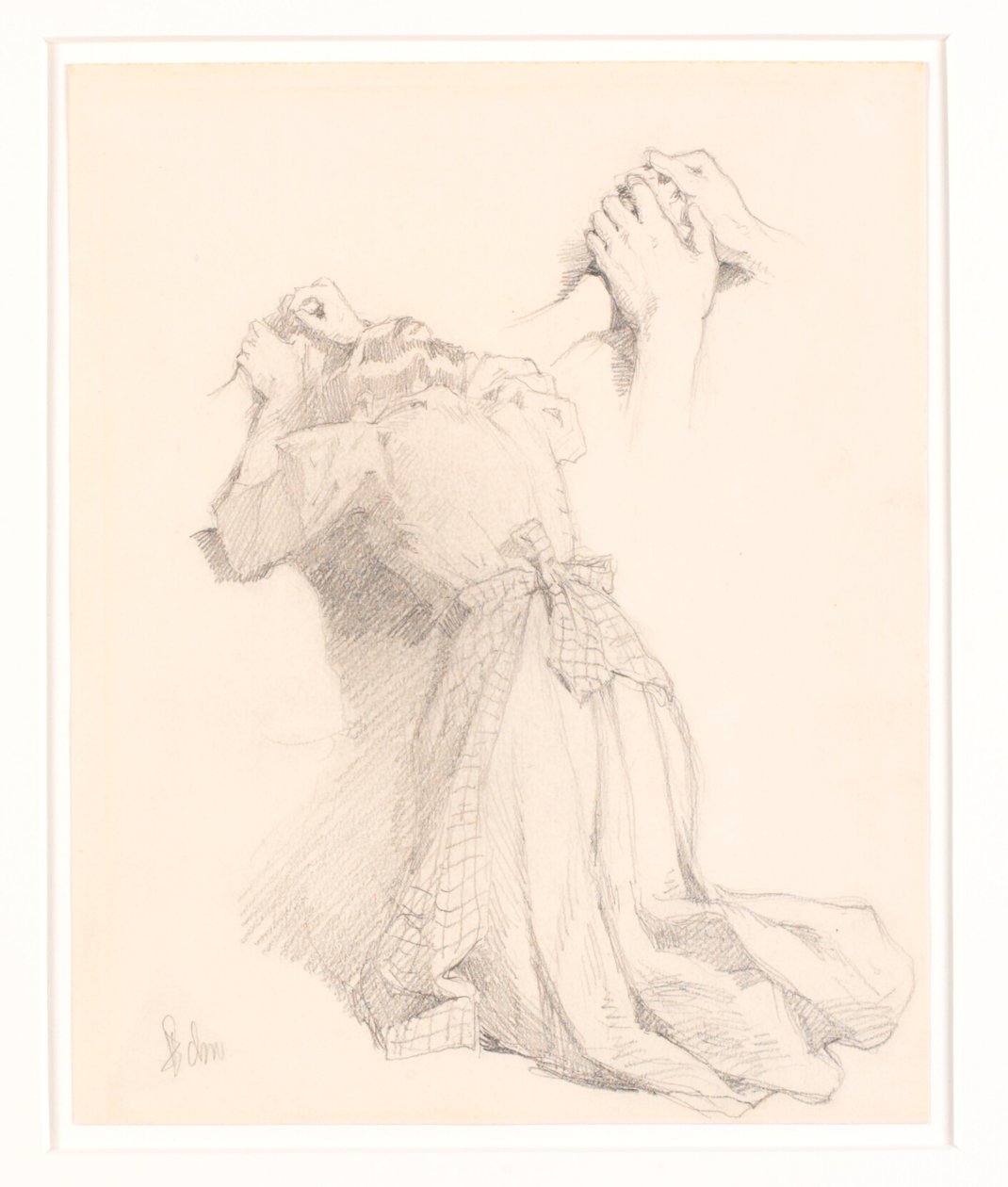 Ein Blatt mit fünf Bleistiftskizzen. Frauenfiguren. Studie von Händen. von Frans Schwartz