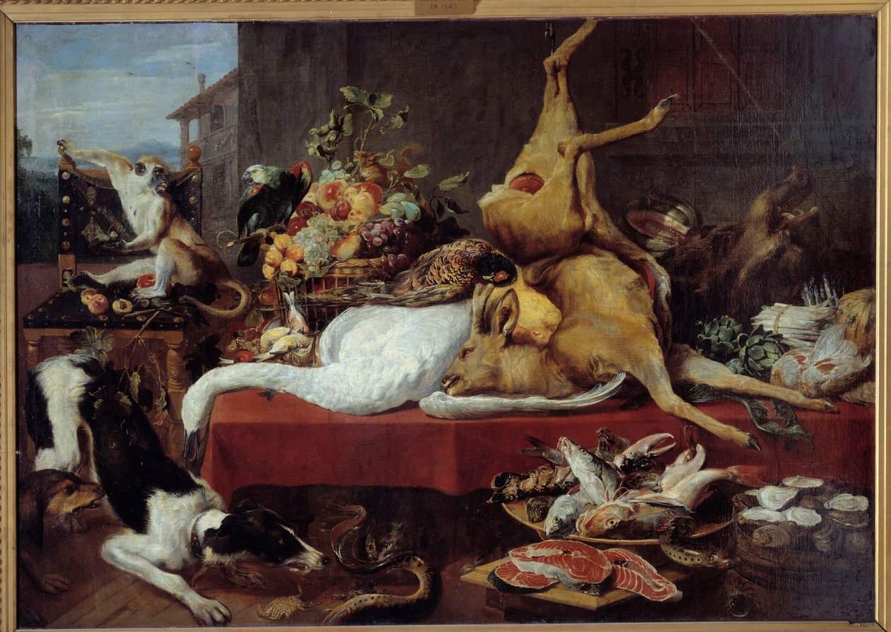 Stillleben mit Wild (Fasan, Gans, Hirsch), Fischscheibe, Krabbe, Hülsenfrüchte von Frans Snyders