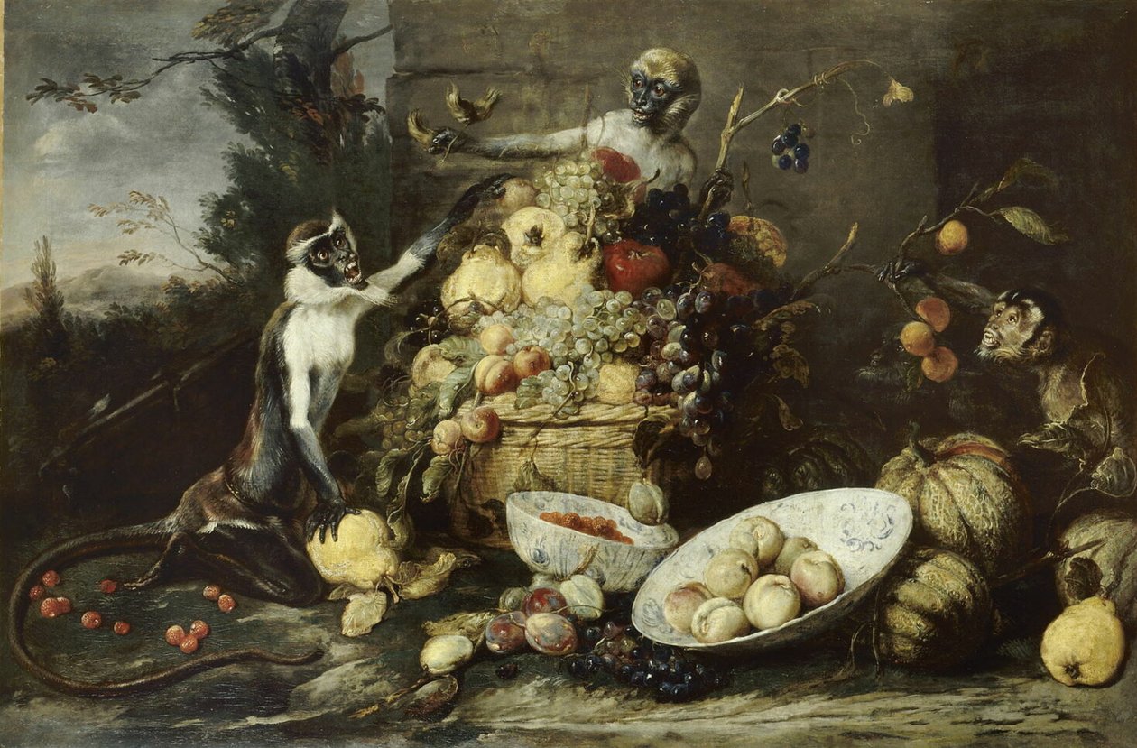 Drei Affen stehlen Früchte, mit Blick auf eine Landschaft von Frans Snyders