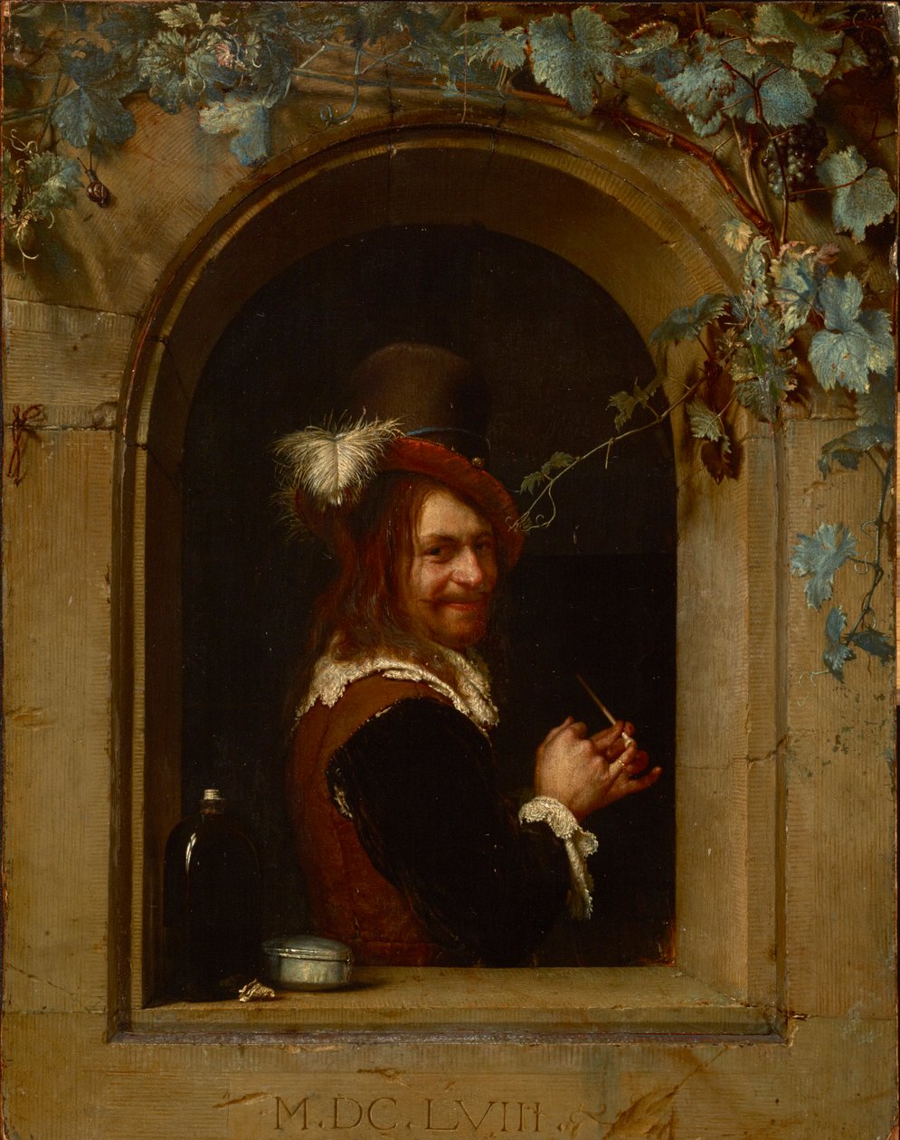 Mann mit Pfeife am Fenster, von Frans van Mieris dem Älteren von Frans van Mieris