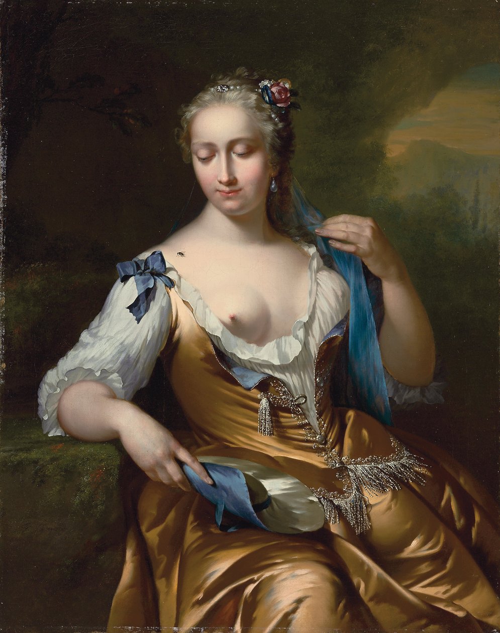 Dame in einer Landschaft mit einer Fliege auf der Schulter: eine Allegorie des Tastsinns, 1742 von Frans van der Mijn