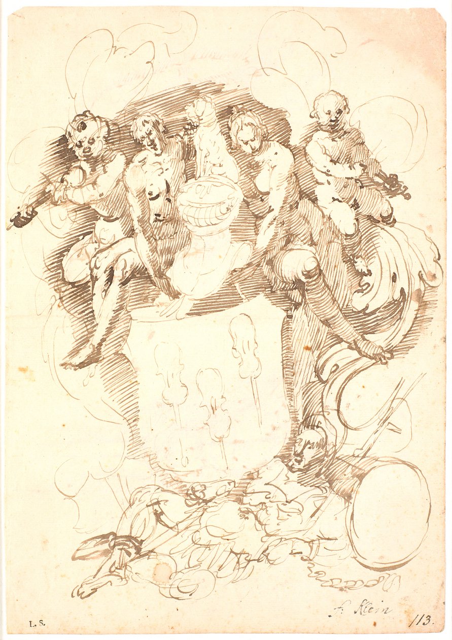 Heraldische Komposition: Wappenschild mit drei aufrechten Geigen, helmgekrönter Hund, umgeben von zwei Figuren und zwei geigenspielenden Putti, alles ruhend auf liegender Männerfigur (Neptun?) von Frantz Cleyn