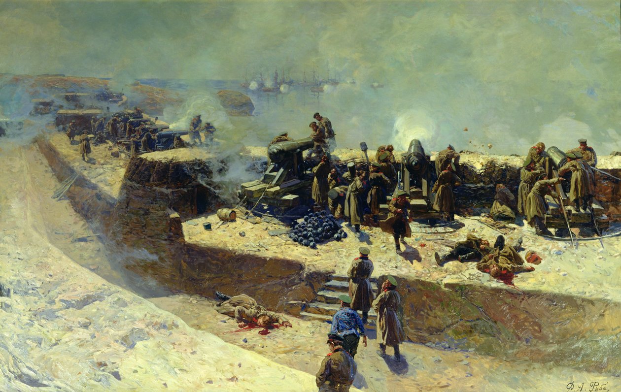 Die Alexander-Batterie greift die englisch-französische Flotte am 5. Oktober 1854 an, 1905 von Franz Roubaud