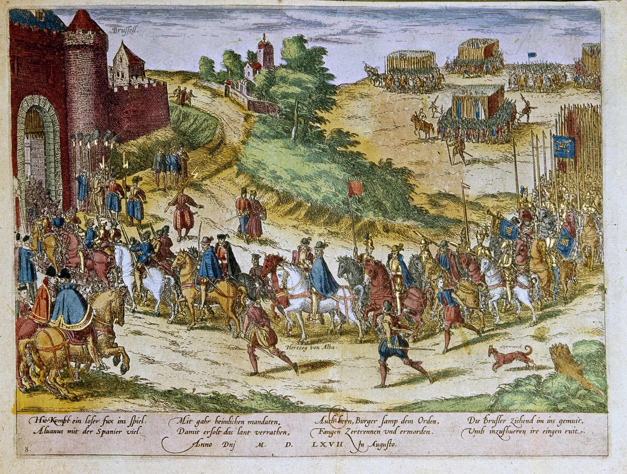 Einzug von Herzog Ferdinand Alvare von Toledo oder Fernando Alvarez de Toledo y Pimentel (1508-1582), 3. Herzog von Alba de Tormes, in Brüssel am 08.08.1567 mit der spanischen Armee. 1653 Druck von Franz Hogenberg (1535-1590) Kabinett der Drucke, B.N., Par von Franz (after) Hogenberg