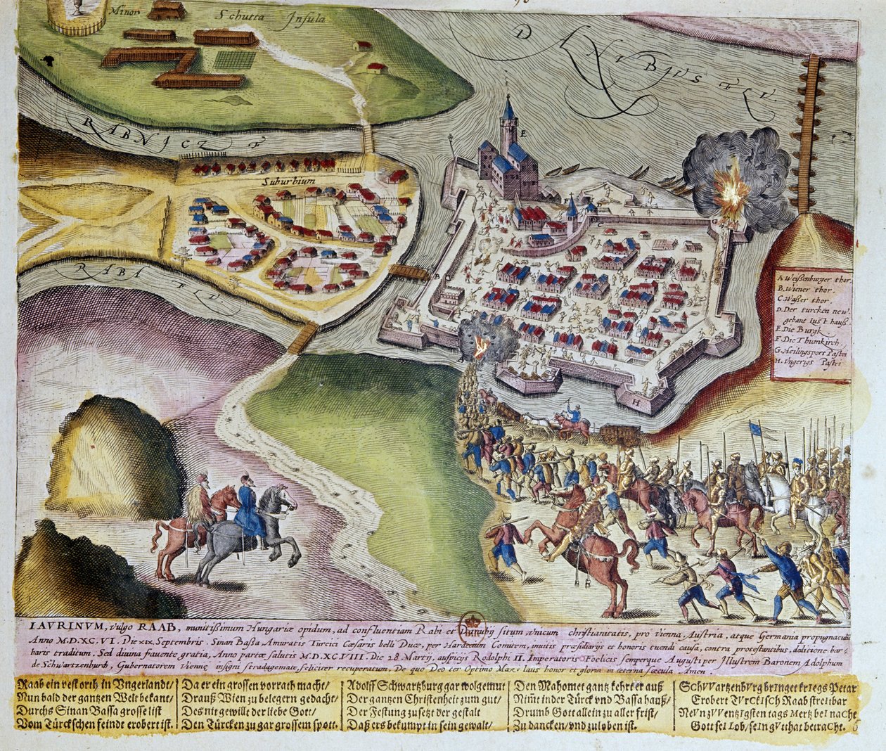 Die Eroberung von Raab durch Adolf Schwarzenberg am 28.03.1598. Druck von Franz Hogenberg (1535-1590) 1653 von Franz (after) Hogenberg
