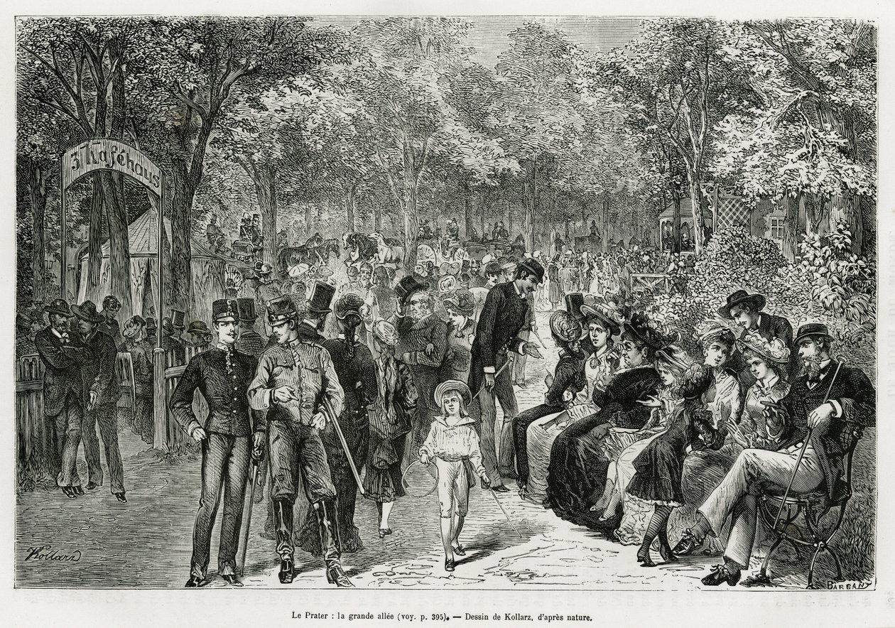 Der Prater: die große Allee. Gravur von Kollarz, um die Geschichte Wien und seine Vororte zu illustrieren, von M. Newlinski, im Jahr 1881, veröffentlicht in Le tour du monde, unter der Leitung von Edouard Charton (1807-1890). von Franz (after) Kollarz