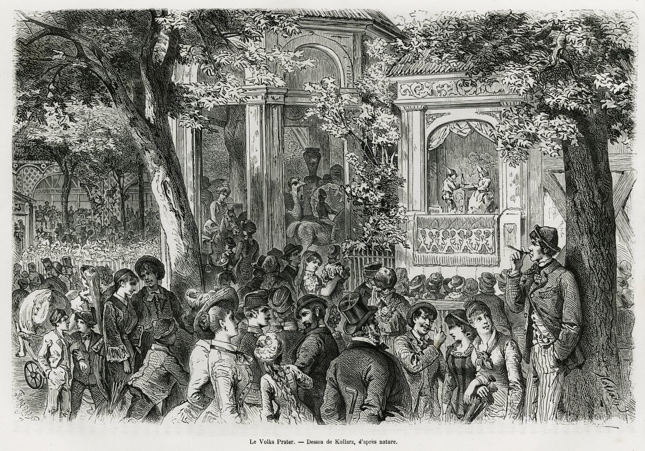 Der Volksprater: beliebter Teil des Hauptpraters, bietet zahlreiche Ablenkungen, Zirkus, Orchester und Puppentheater. Gravur von Kollarz, zur Illustration der Geschichte Wien und seine Vororte, von M. Newlinski, im Jahr 1881, veröffentlicht in Le tour du m von Franz (after) Kollarz