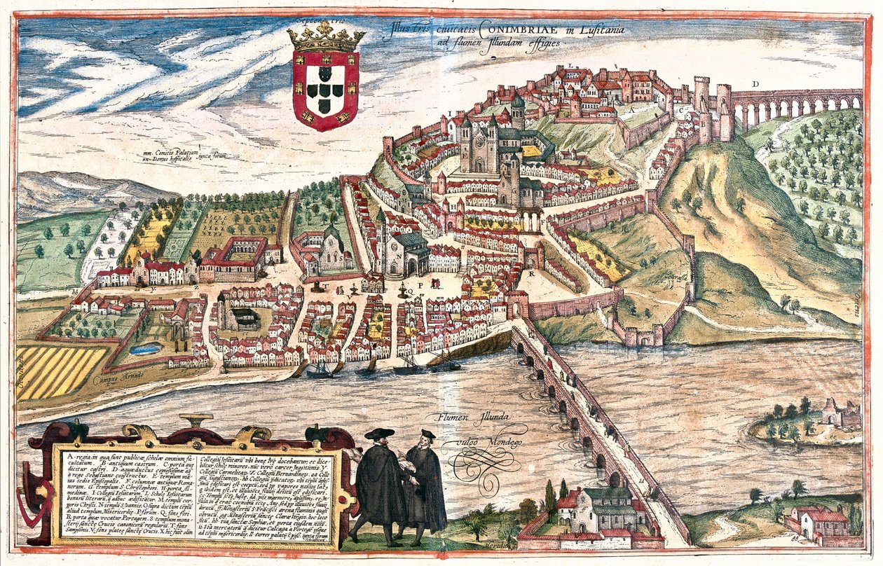 Coimbra, Portugal. Die beiden Akademiker im Vordergrund in gelehrter Diskussion machen weitere visuelle Bezüge zur Universität (Gravur) von Franz Hogenberg