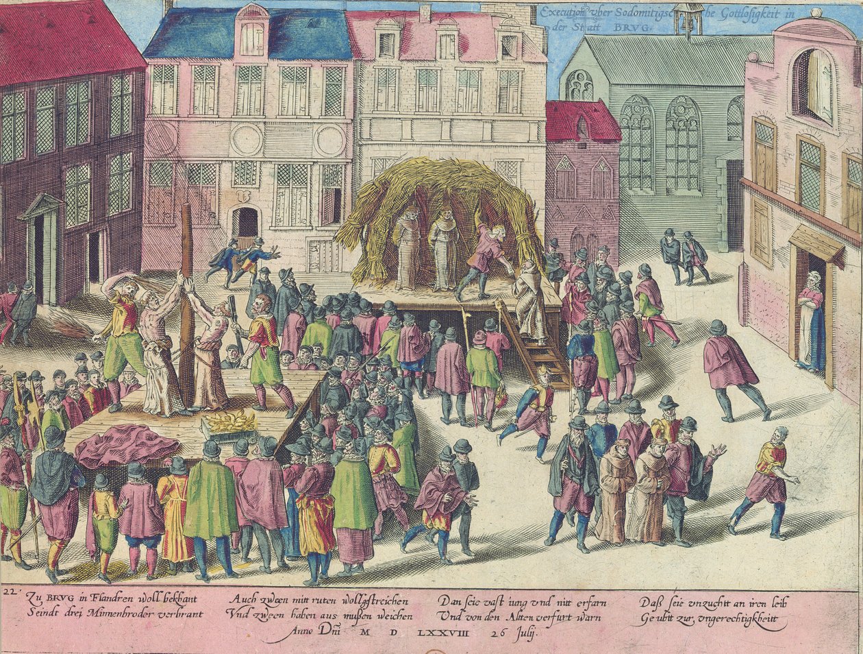 Hinrichtung in Brügge durch Verbrennen von drei Mönchen wegen Sodomie, 28. Juni 1578 von Franz Hogenberg