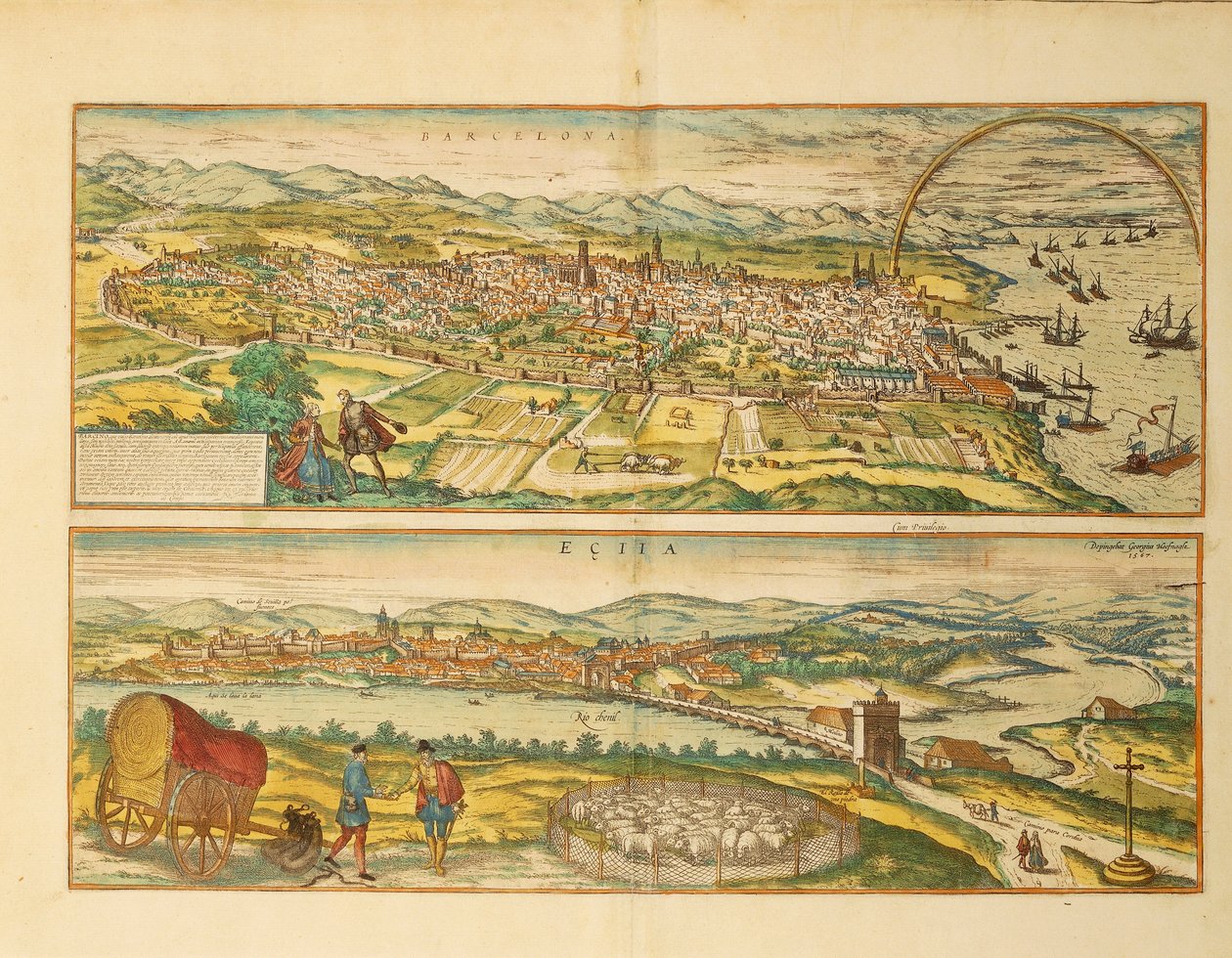 Karte von Barcelona und Ecija aus Civitates Orbis Terrarum von Georg Braun von Franz Hogenberg