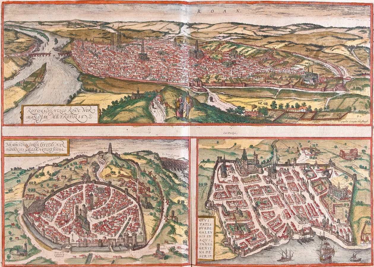 Ansicht von Rouen (Rotomagus), Nimes (Nemausus) und Bordeaux (Burdigala), Frankreich von Franz Hogenberg