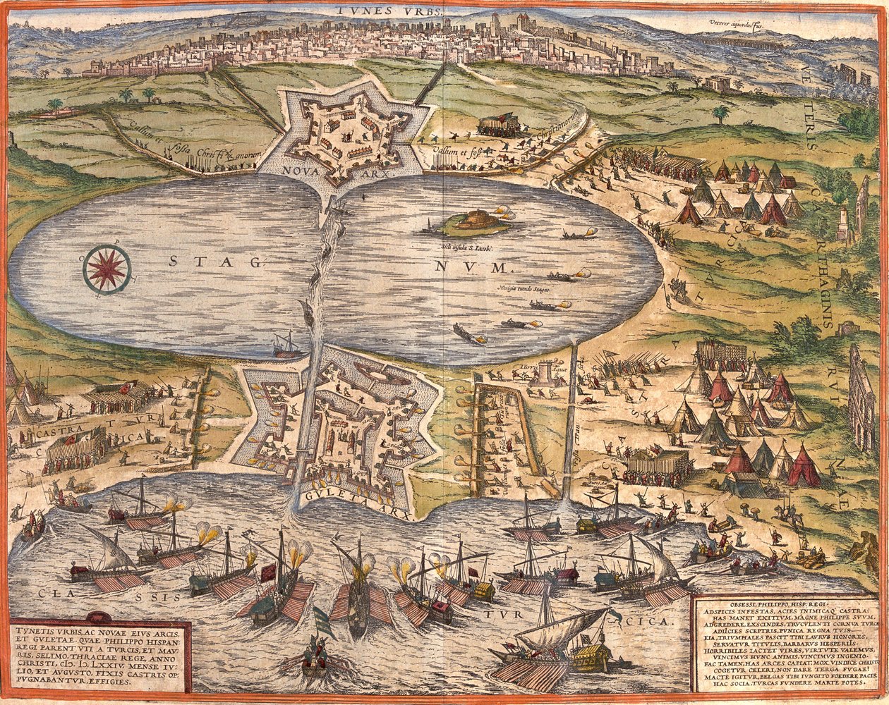 Ansicht von Tunis, Tunesien, mit der Festung Goulette, die den Zugang zum See von Tunis kontrolliert, und der neuen Festung vor den Stadtmauern von Franz Hogenberg