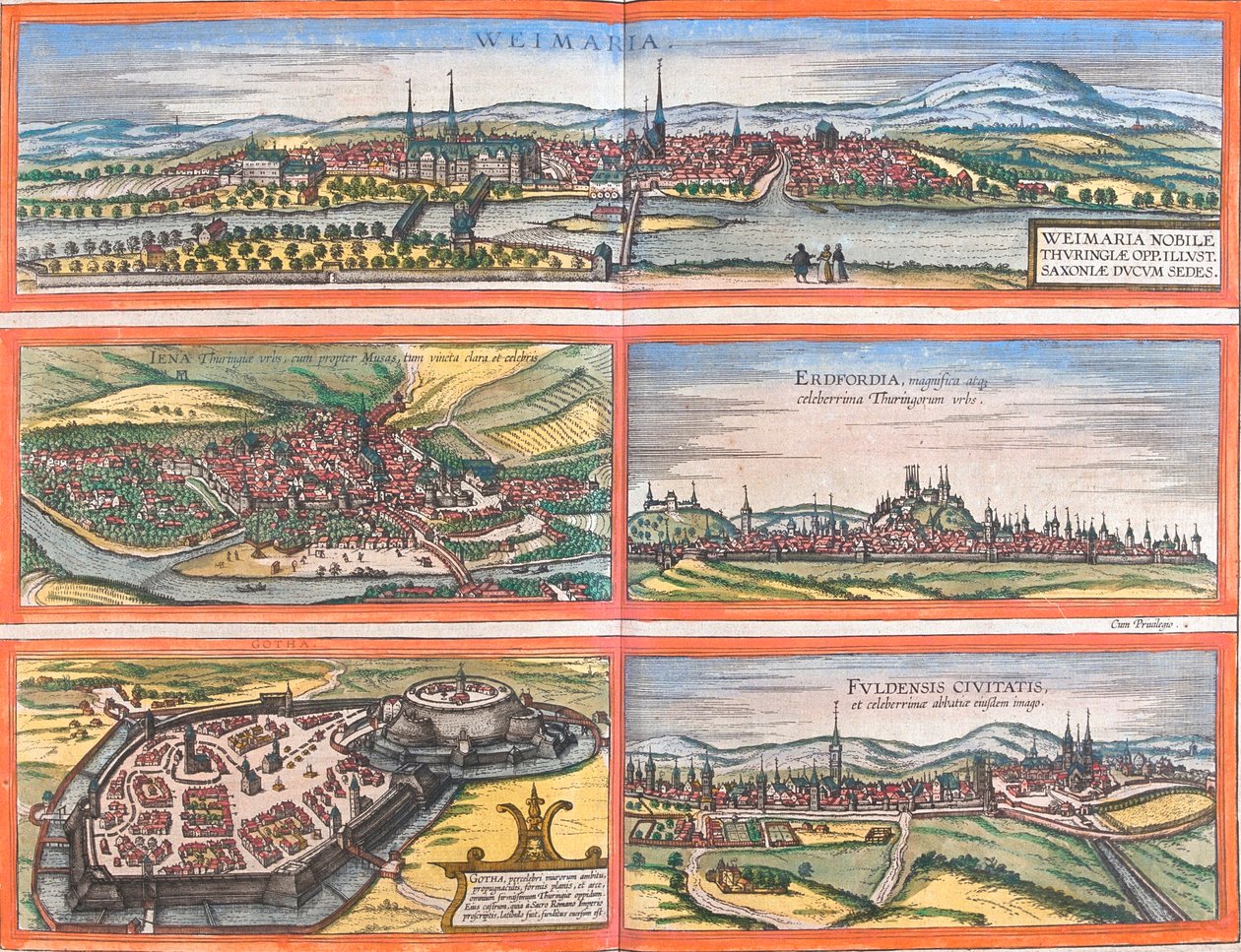 Ansichten von Weimar (Weimaria), Jena, Erfurt (Erdfordia), Gotha und Fulda (Fuldensis), Deutschland von Franz Hogenberg
