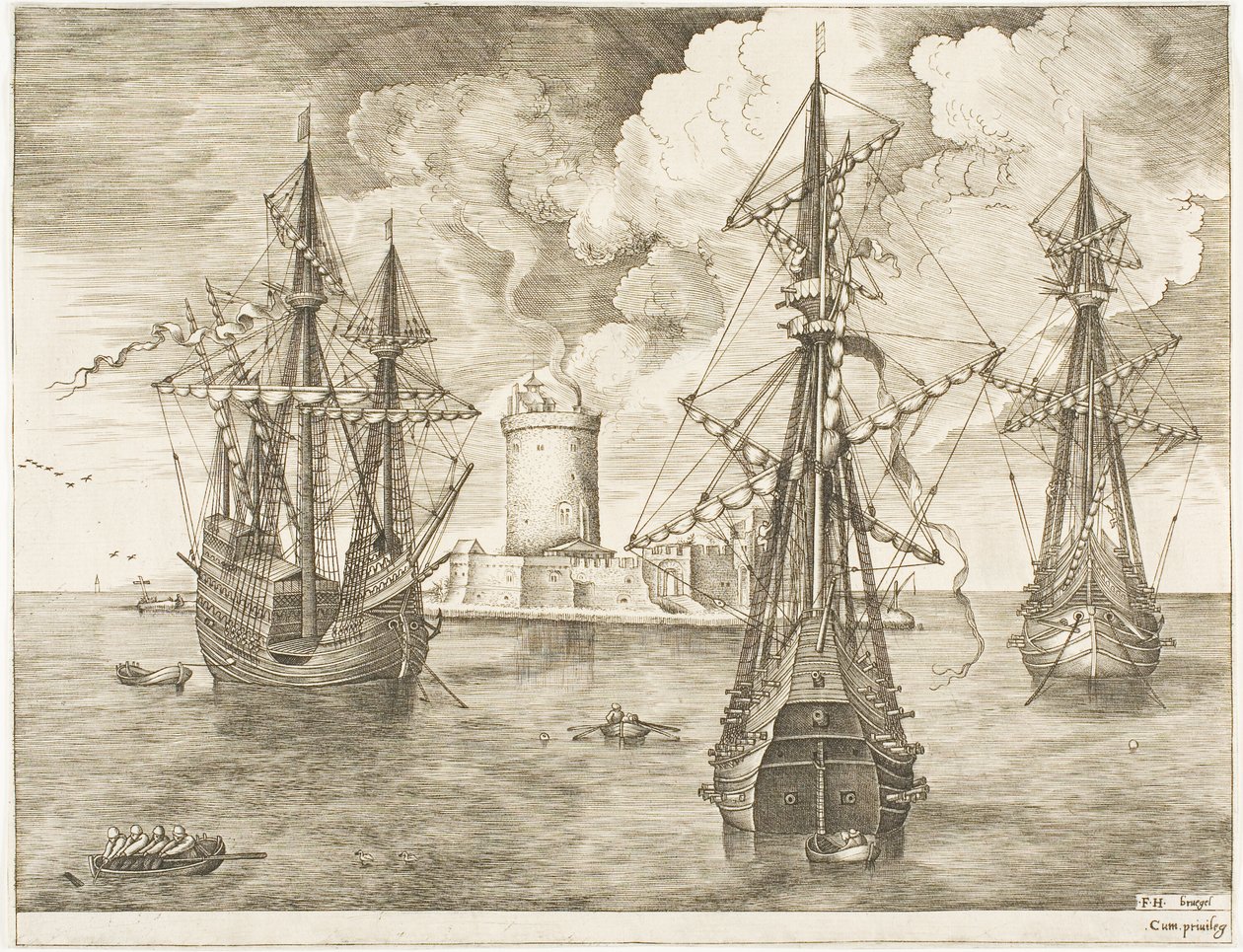 Viermaster und zwei Dreimaster vor einer befestigten Insel mit Leuchtturm, aus Die Segelschiffe von Franz Huys
