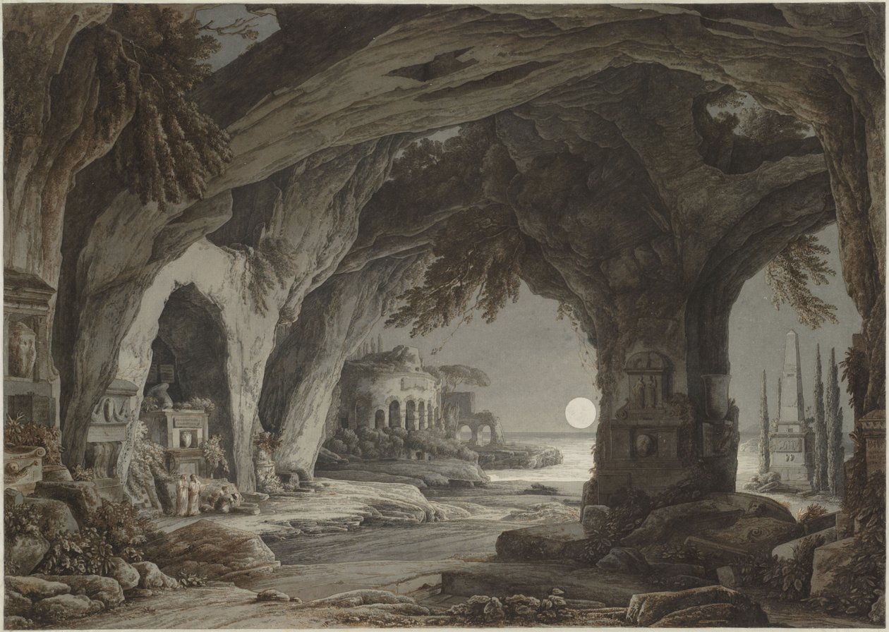 Ideale Landschaft mit Felsengrotte, Gräbern und Ruinen im Mondlicht, ca. 1790 von Franz Innocenz Josef Kobell