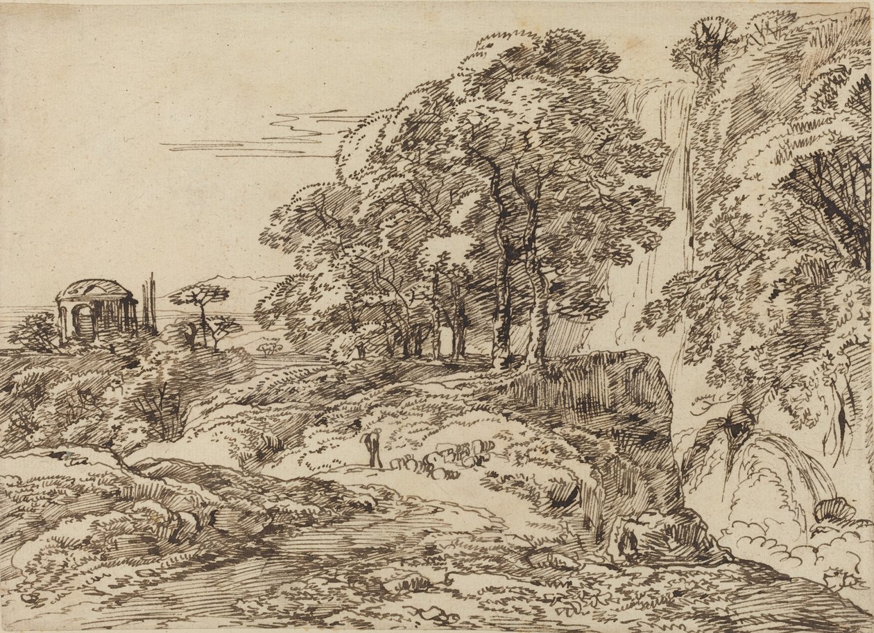 Pastorale Landschaft mit Wasserfall und Tempel von Franz Innocenz Josef Kobell