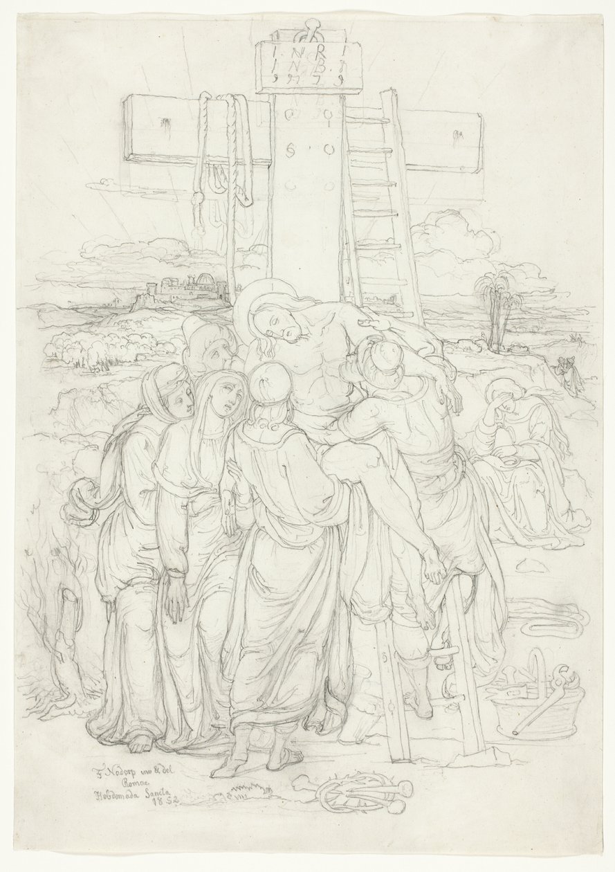 Abnahme vom Kreuz mit einer Silhouette von Jerusalem im Hintergrund von Franz Johann Heinrich Nadorp
