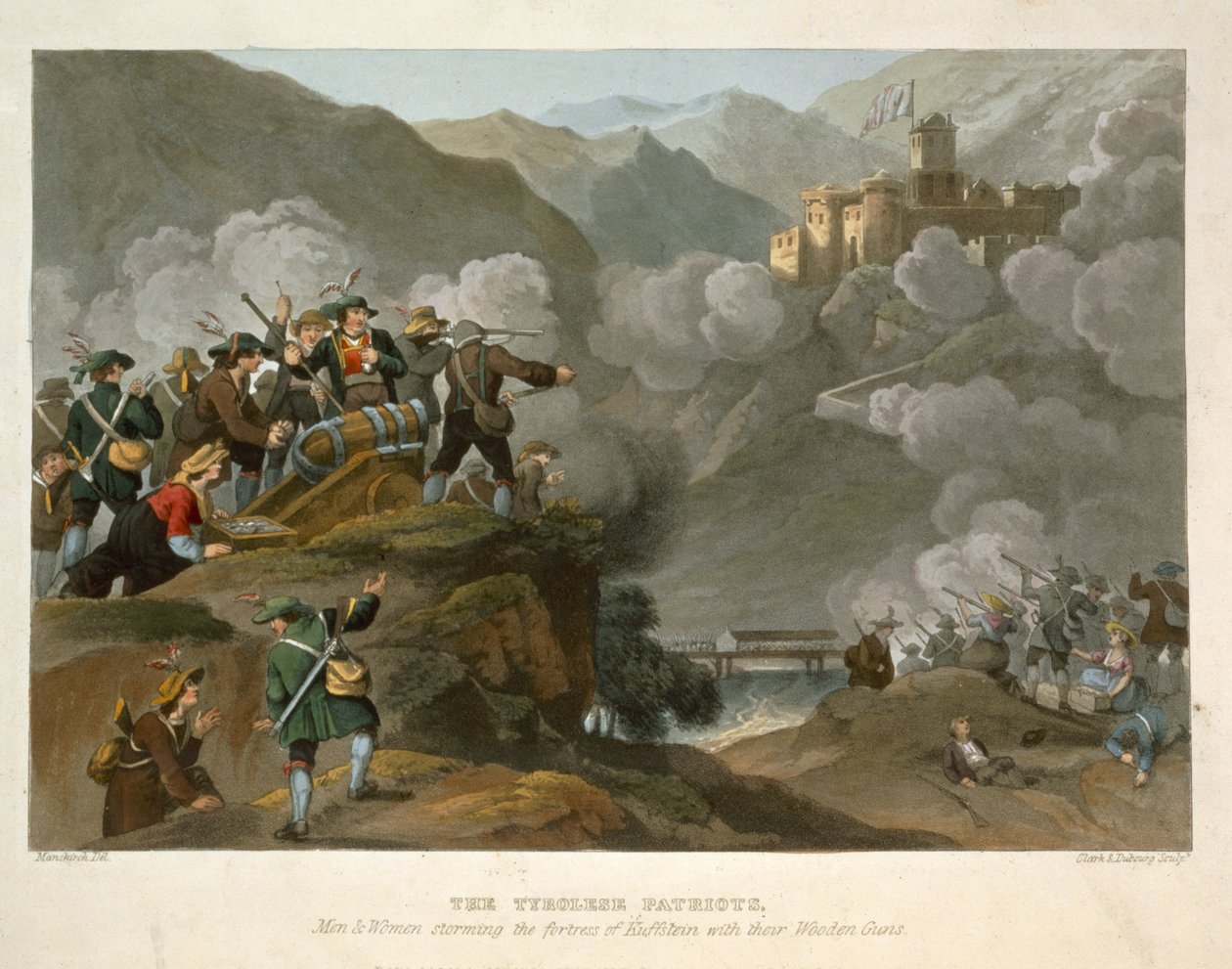 Die Tiroler Patrioten stürmen die Festung Kuffstein mit ihren Holzkanonen, aus Historic, Military and Naval Anecdotes von Franz Joseph Manskirch