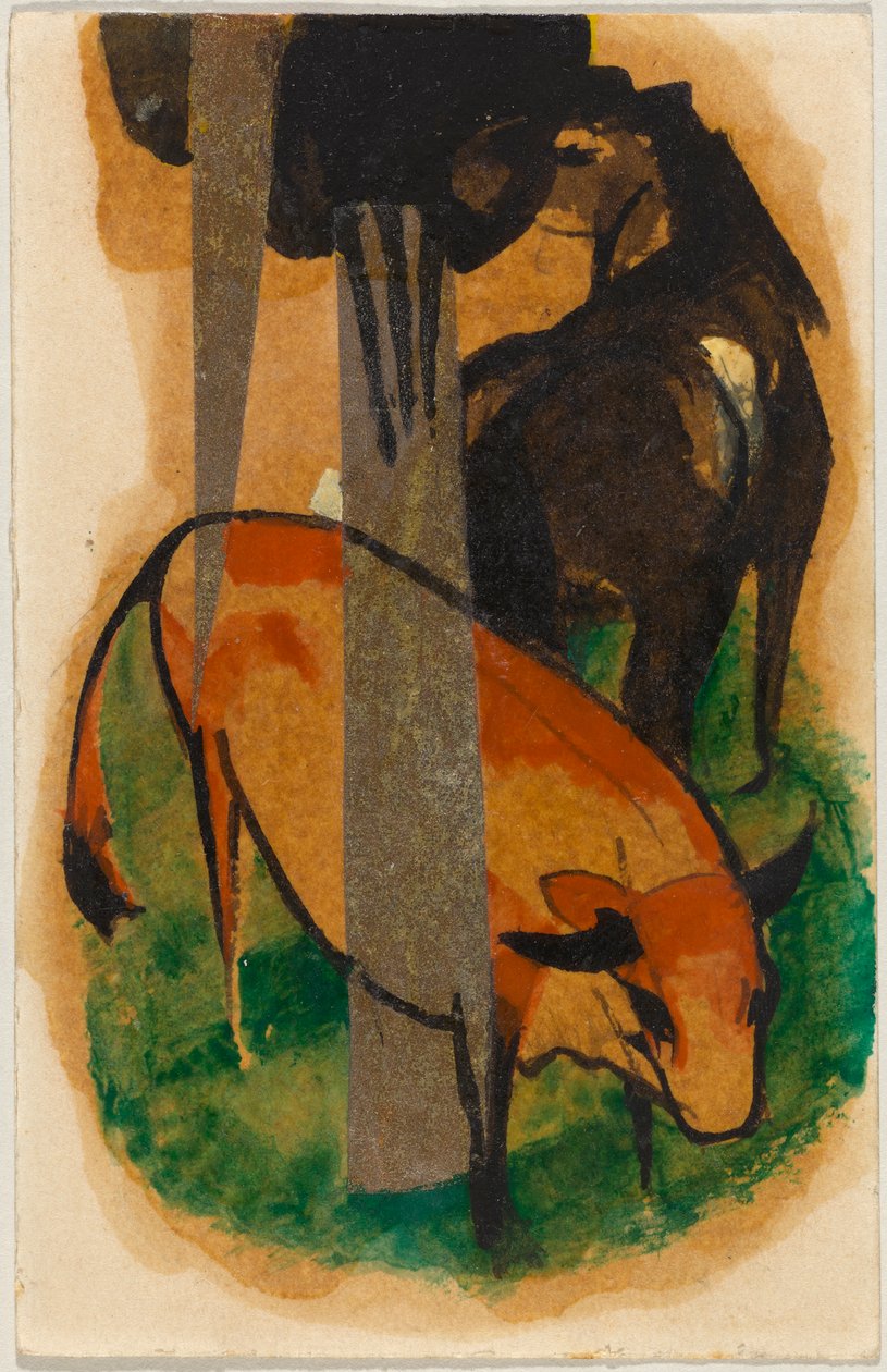 Rotes Pferd und gelbes Rind, Postkarte aus Sindelsdorf an Alfred Kubin von Franz Marc