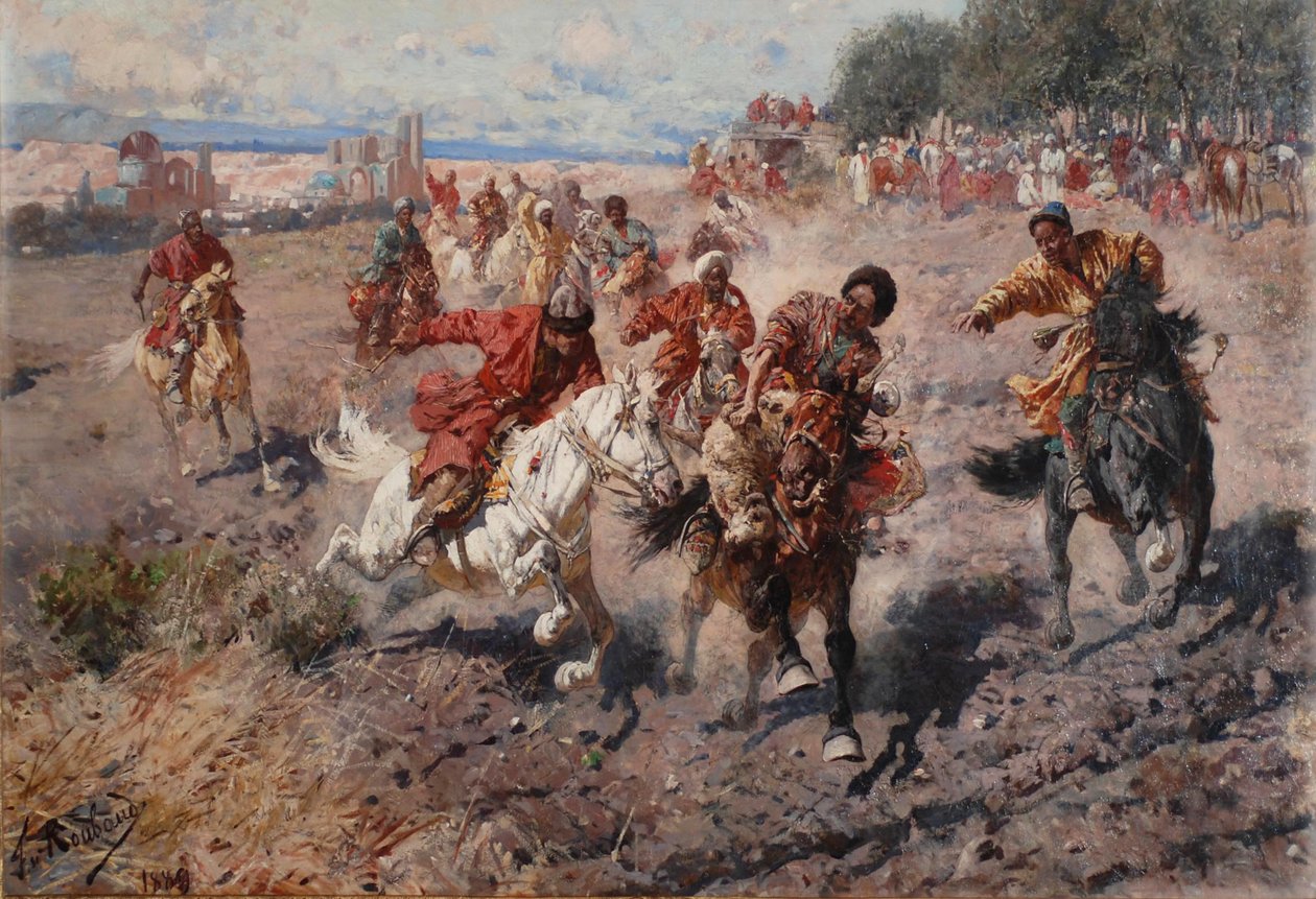 Tscherkessen feiern das Ende des Muharram mit dem Reitsport des Rennens um das Preis-Lamm, 1889 von Franz Roubaud