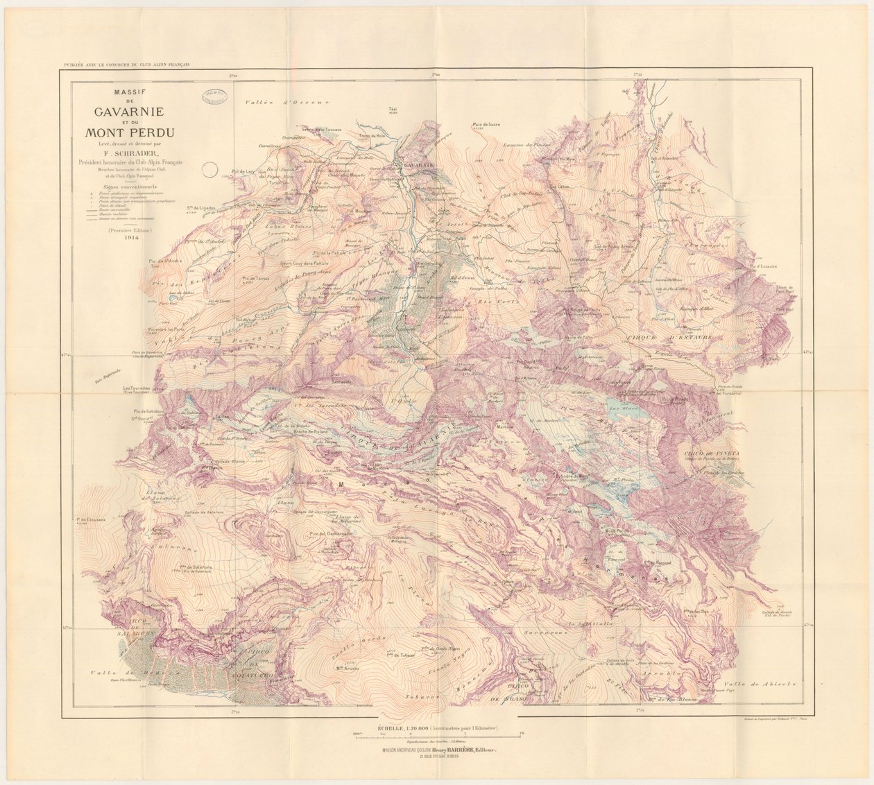 Karte des Massivs von Gavarnie und des verlorenen Berges, herausgegeben 1914 von Franz Schrader