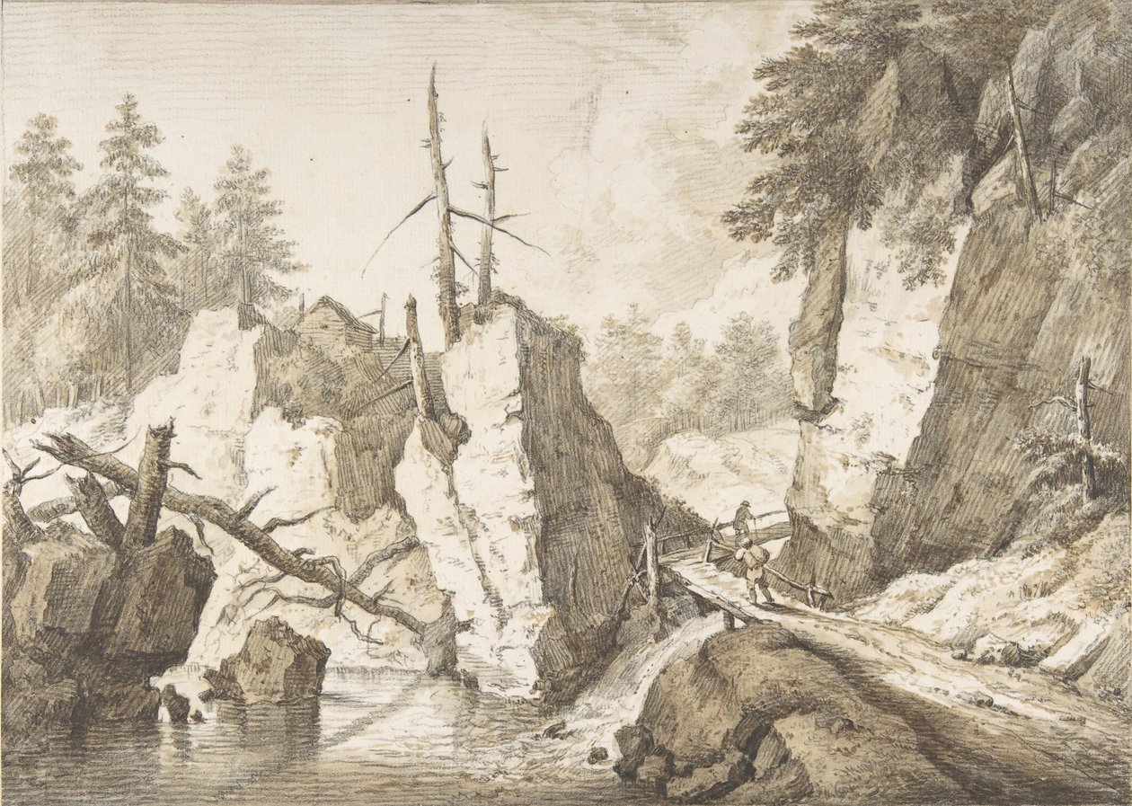 Schweizer Berglandschaft mit kleiner Brücke über einen Bach, 1751-81 von Franz Schutz