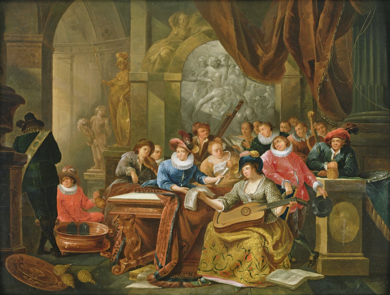 Musikgesellschaft in einem palastartigen Innenraum mit Statuen und Kunstwerken von Franz Verbeeck or Verbeecq