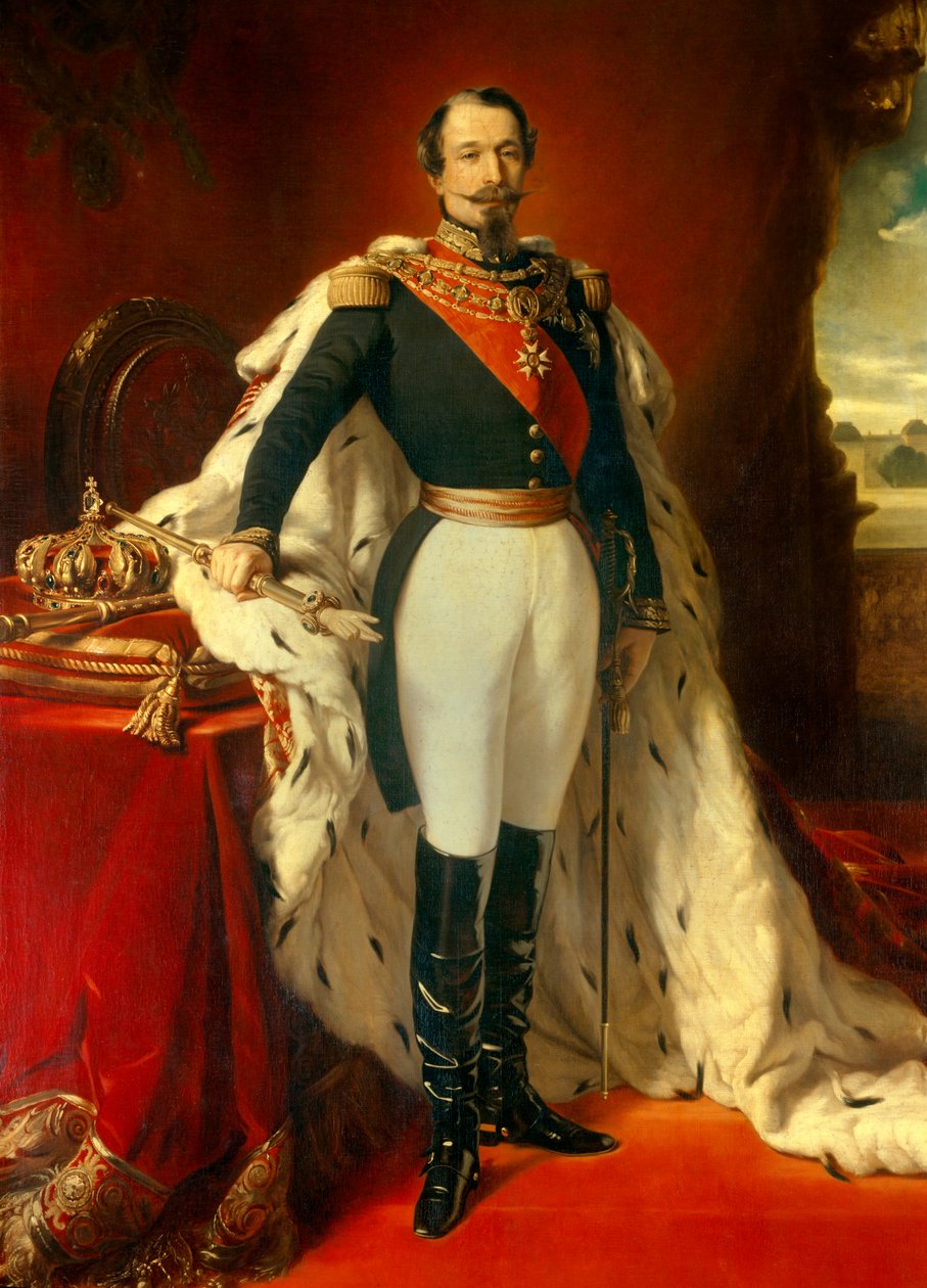 Porträt von Napoleon III. (1808-1873), Kaiser der Franzosen vor einer Ansicht des Schlosses Saint Cloud. Gemälde von Franz Xaver Winterhalter (1806-1873) 1855 Höhe 2,4x1,5 m von Franz Xaver  Winterhalter (after)