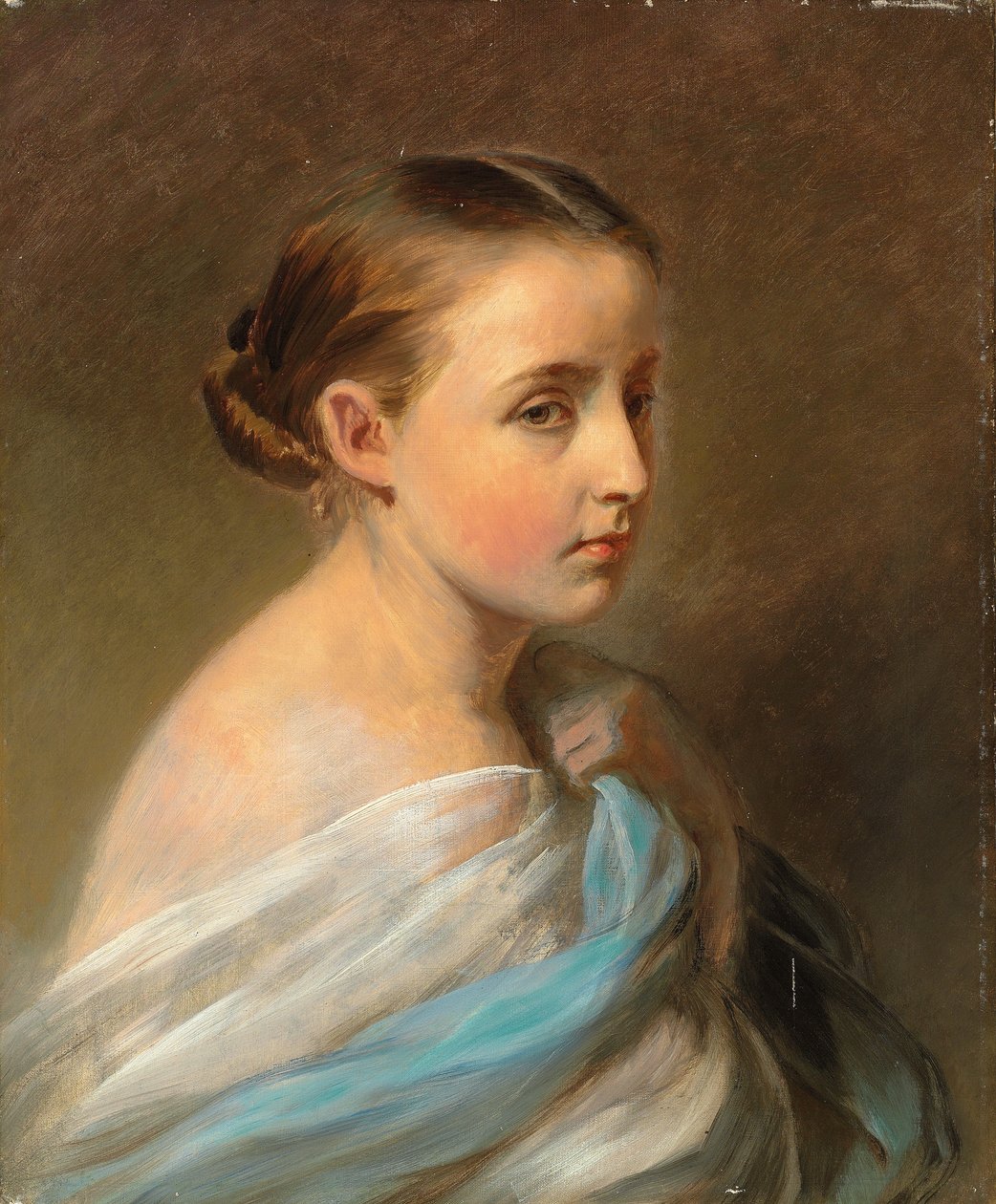 Porträt eines Mädchens, Kopf und Schultern, in ein blau-weißes Tuch gehüllt, ca. 1850 von Franz Xaver Winterhalter